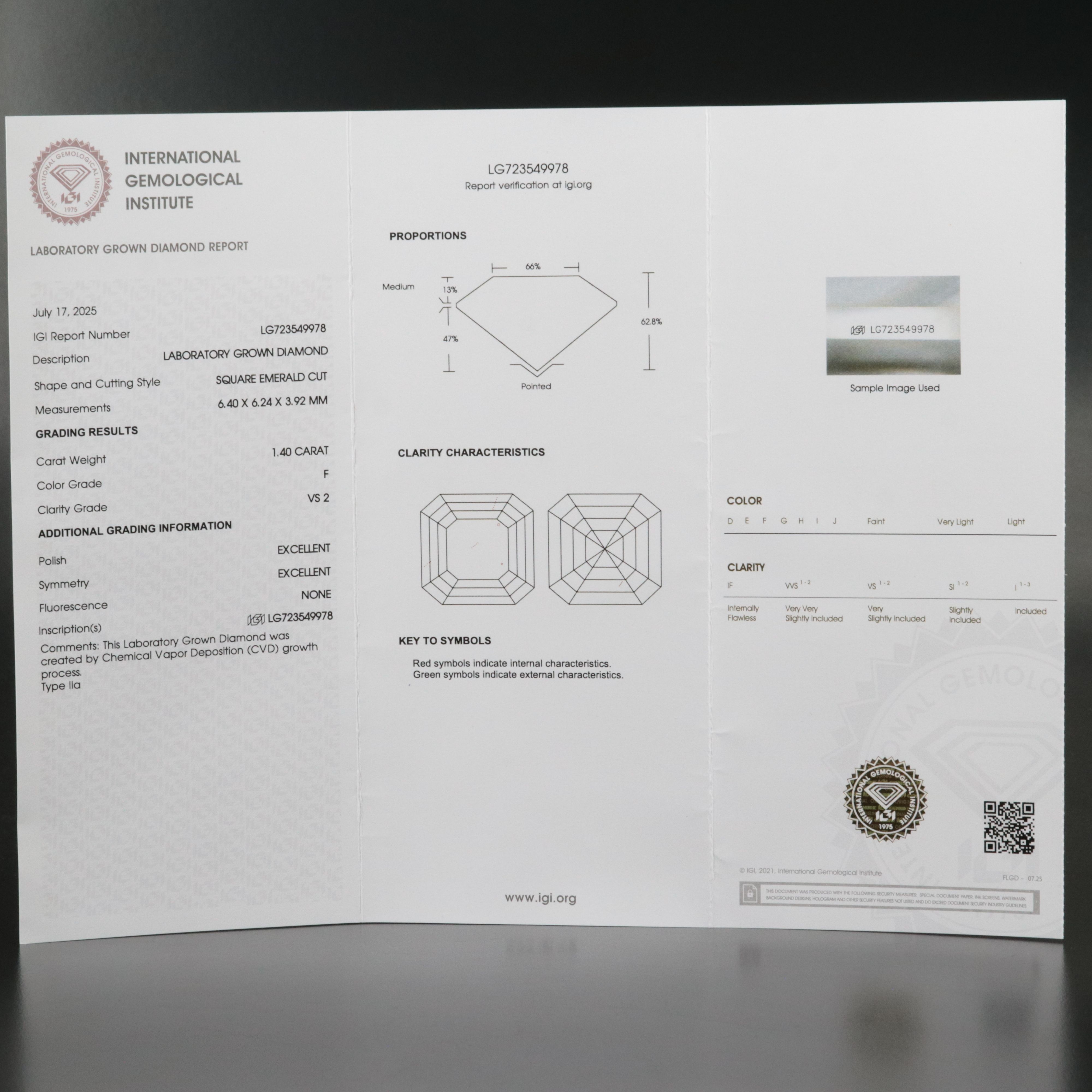 Loose 1.40 CT Lab Grown Diamond with IGI Report