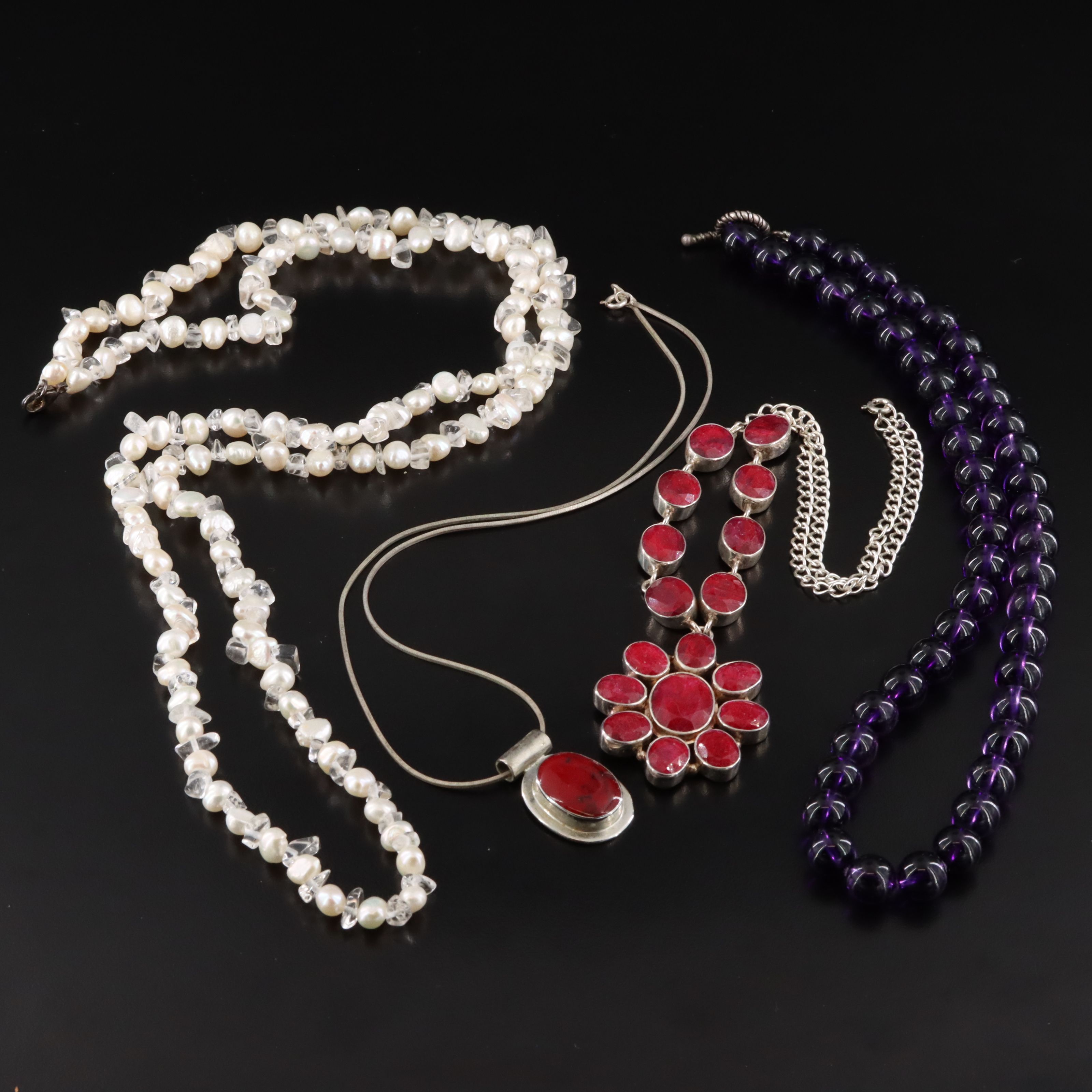 Sterling Necklace Collection Featuring Amethyst, Corundum and Pearl