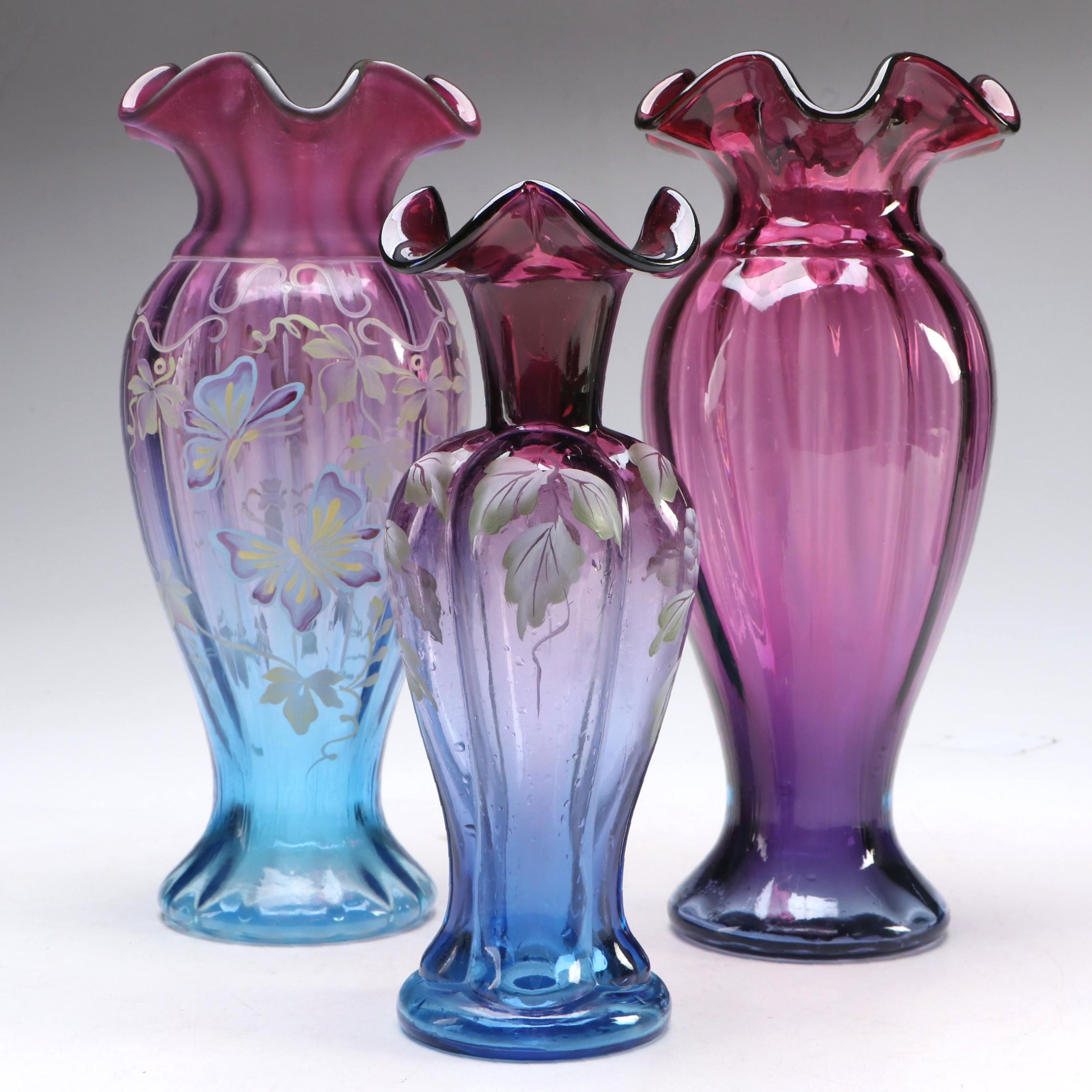 Fenton Hand-Painted and Other "Mulberry" Ruffle Edge Glass Vases
