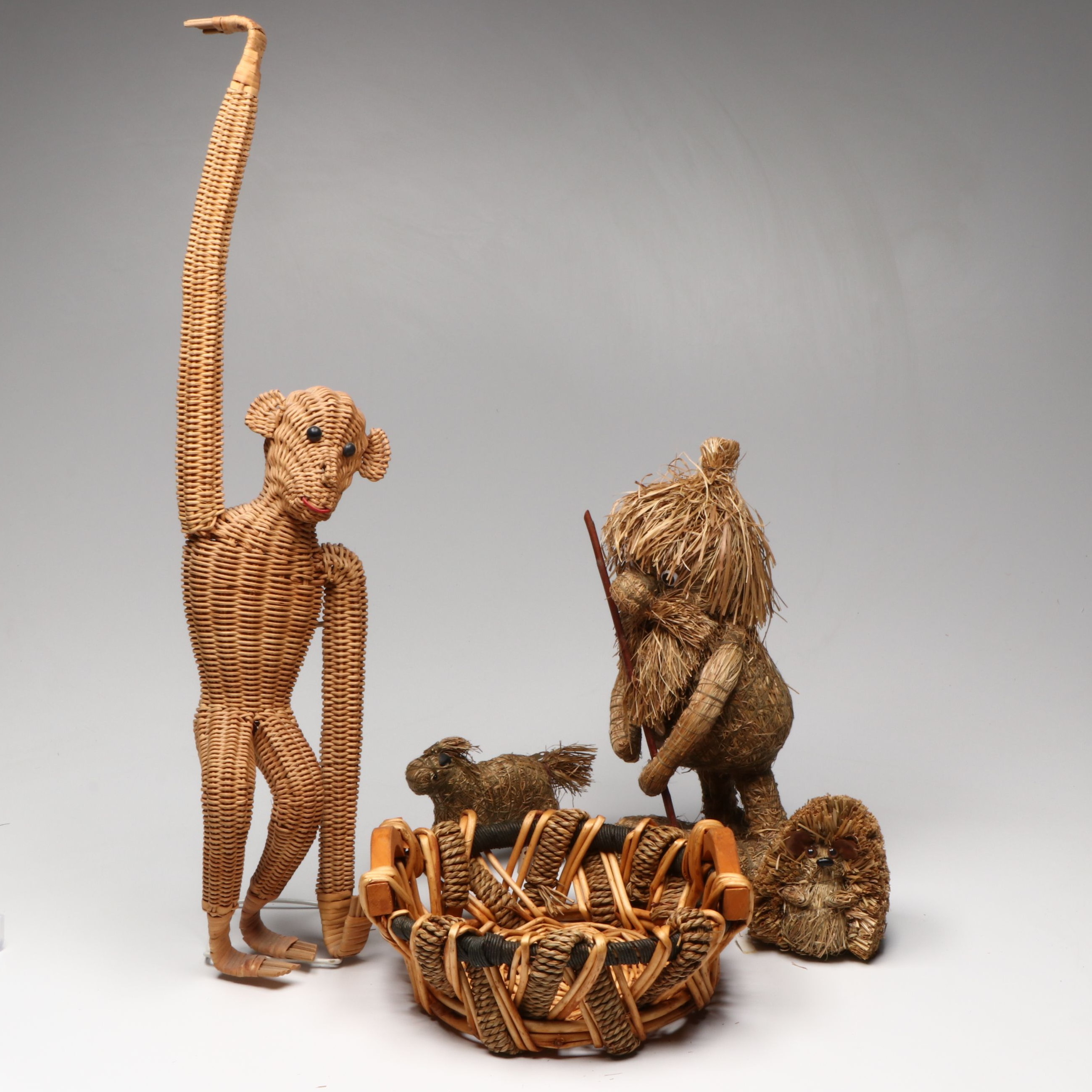 Polish Wicker Monkey with Handled Basket and Other Basketry Figurines