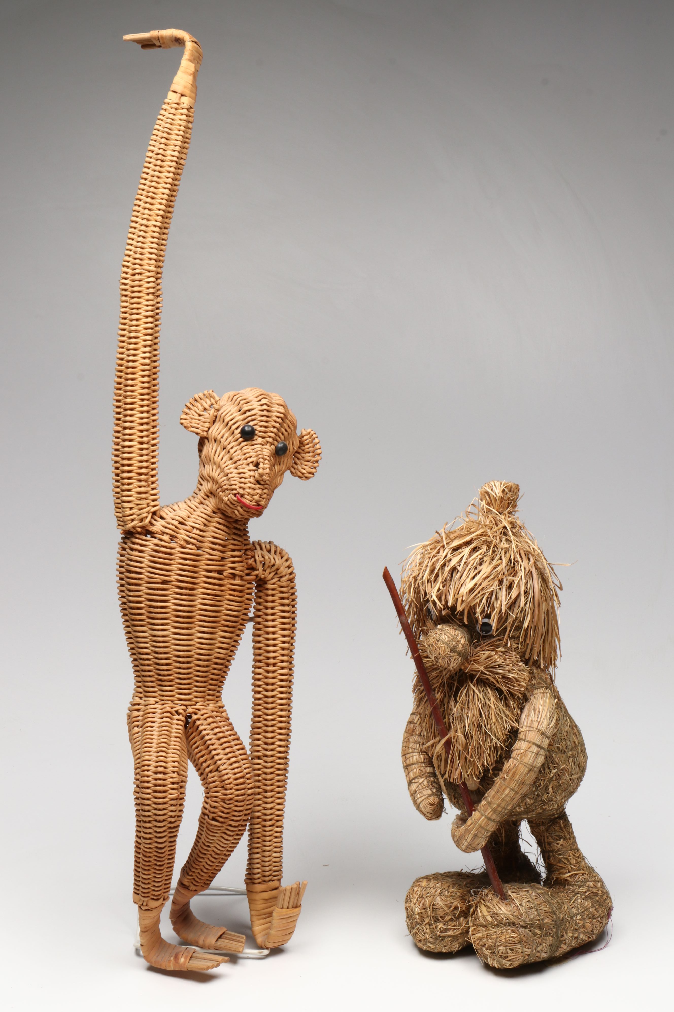 Polish Wicker Monkey with Handled Basket and Other Basketry Figurines