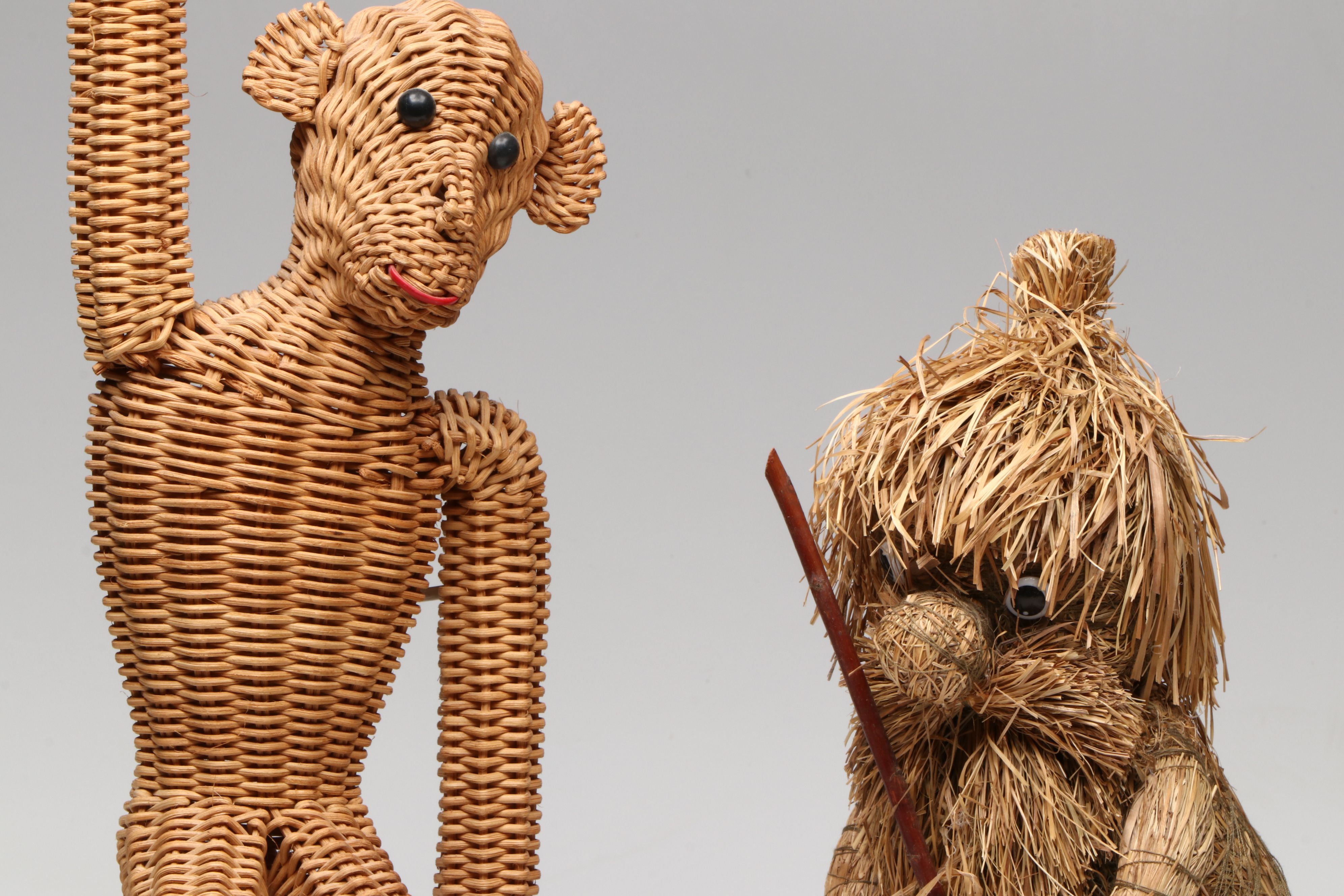 Polish Wicker Monkey with Handled Basket and Other Basketry Figurines