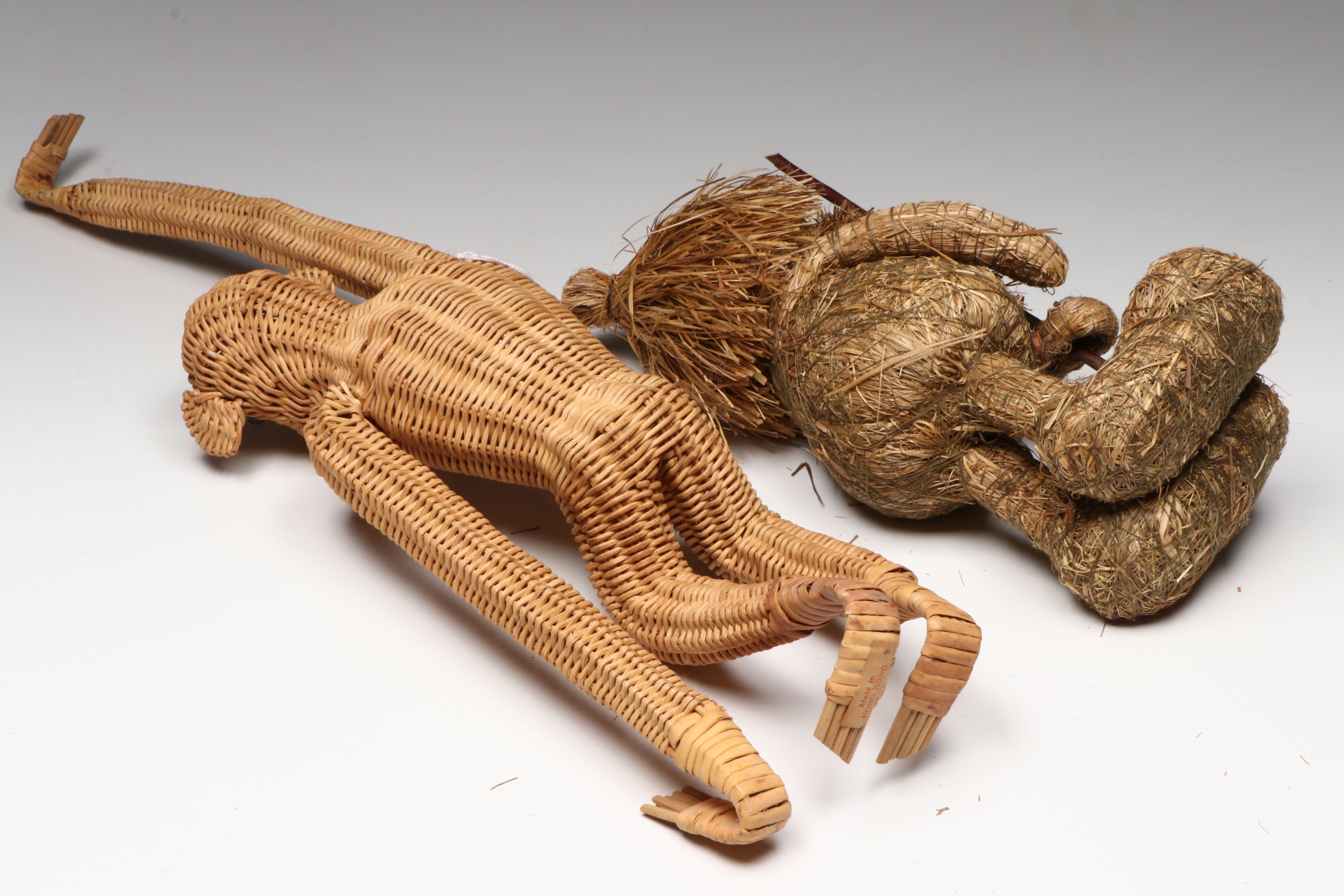 Polish Wicker Monkey with Handled Basket and Other Basketry Figurines