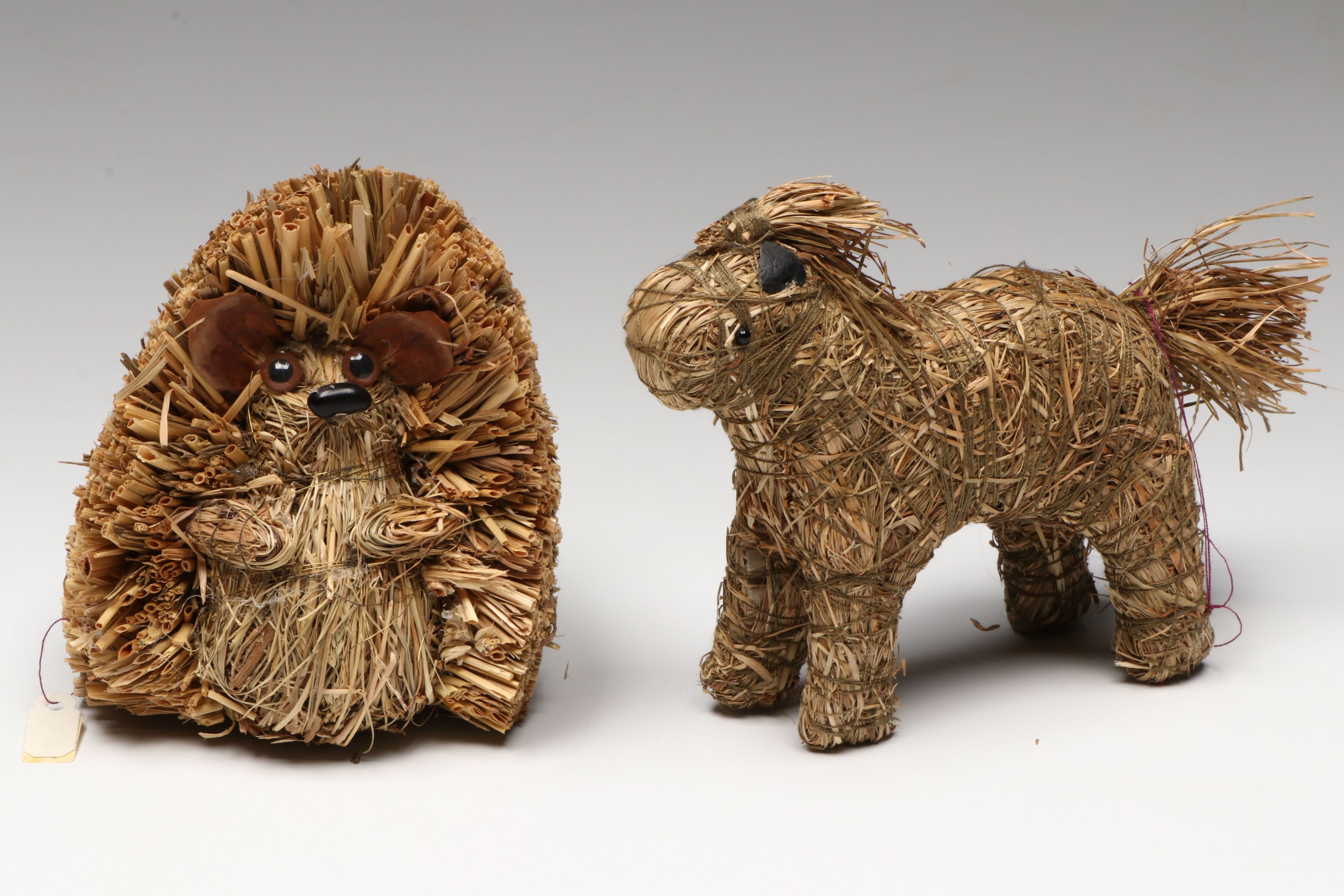 Polish Wicker Monkey with Handled Basket and Other Basketry Figurines