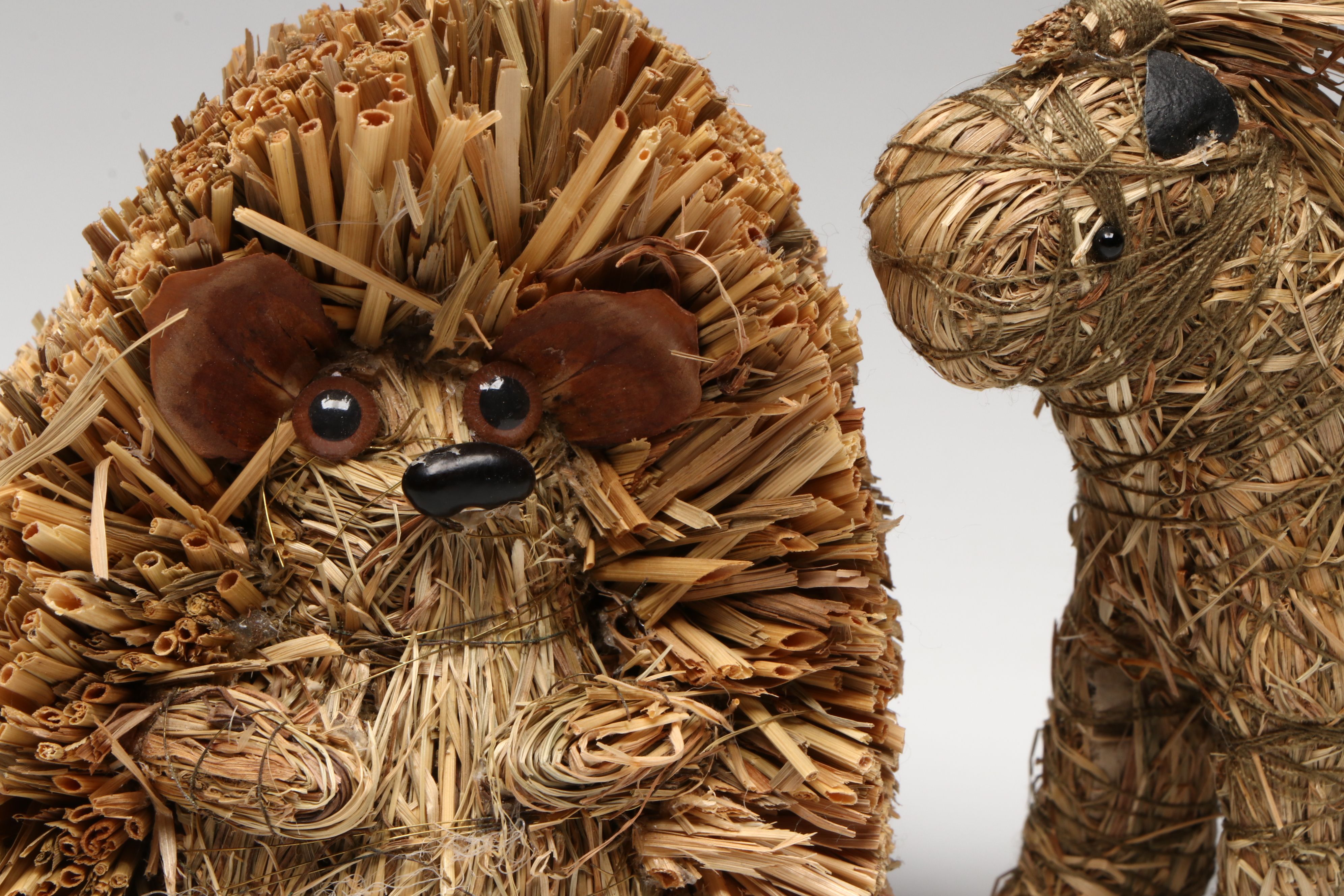 Polish Wicker Monkey with Handled Basket and Other Basketry Figurines