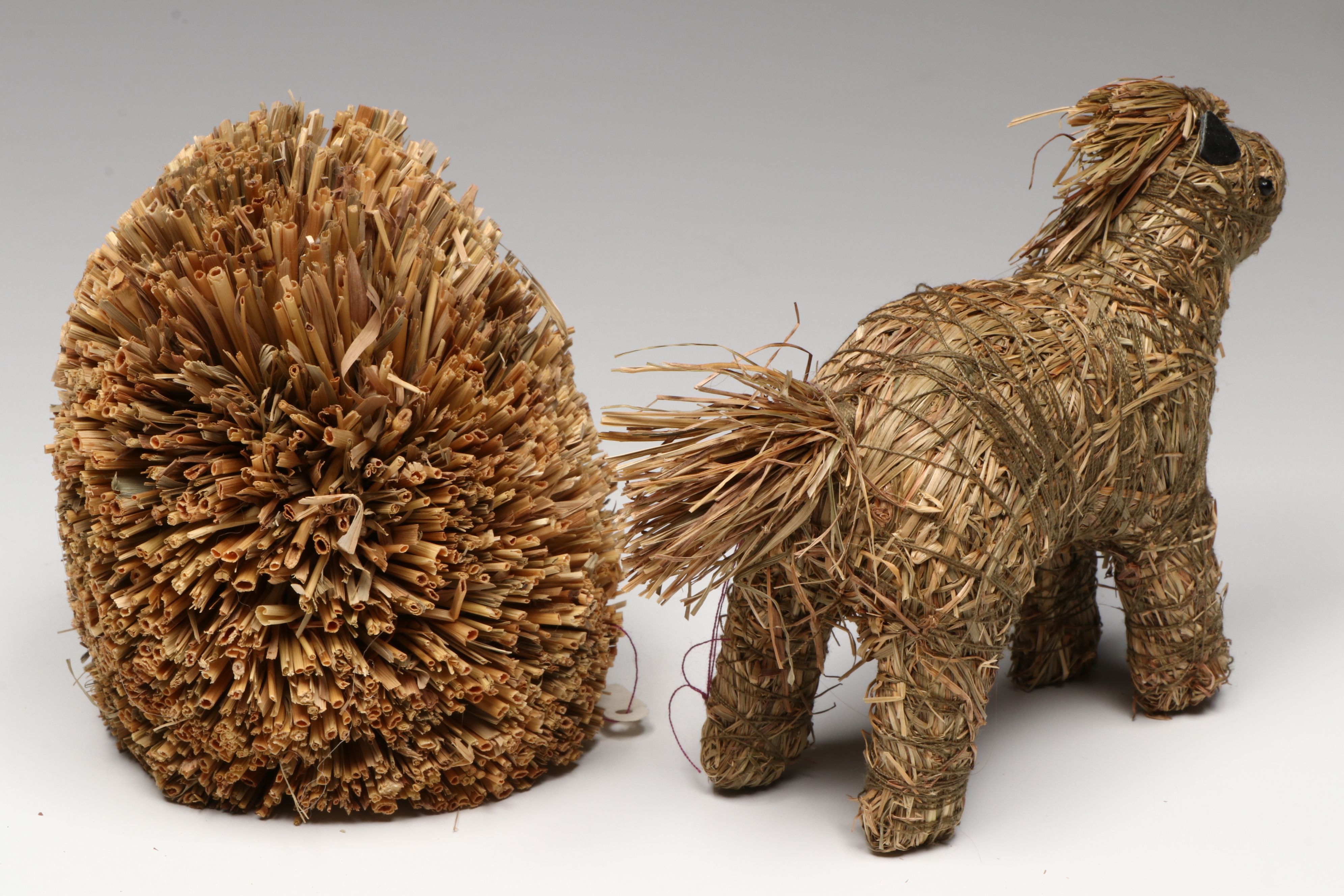 Polish Wicker Monkey with Handled Basket and Other Basketry Figurines