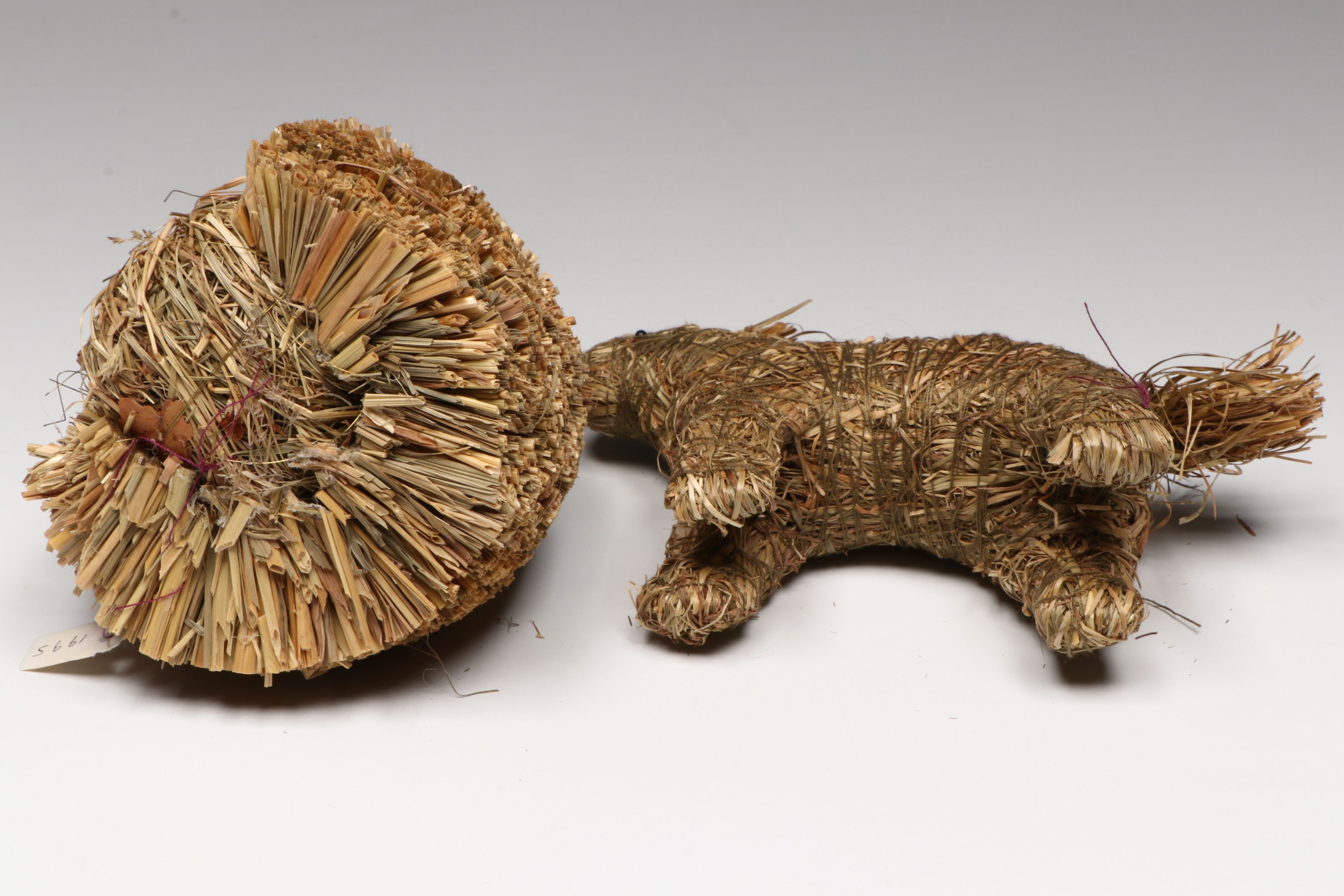 Polish Wicker Monkey with Handled Basket and Other Basketry Figurines