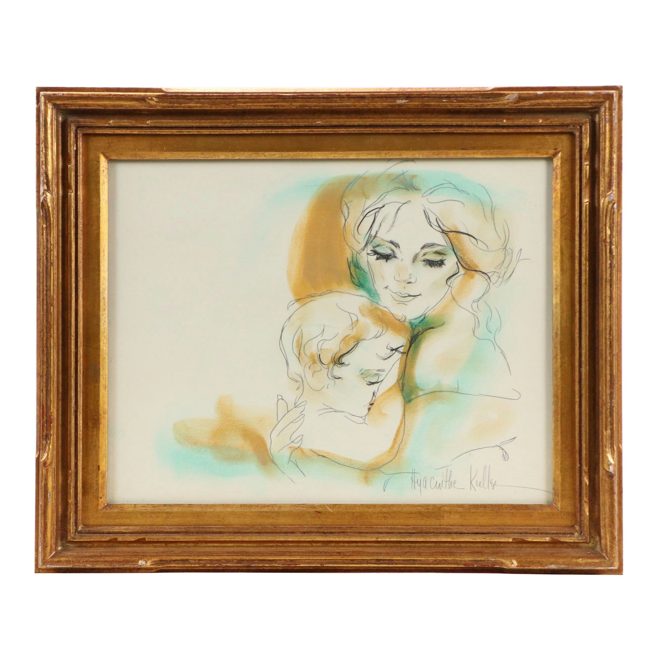Hyacinthe Kuller Baron Hand-Colored Lithograph of Mother and Child