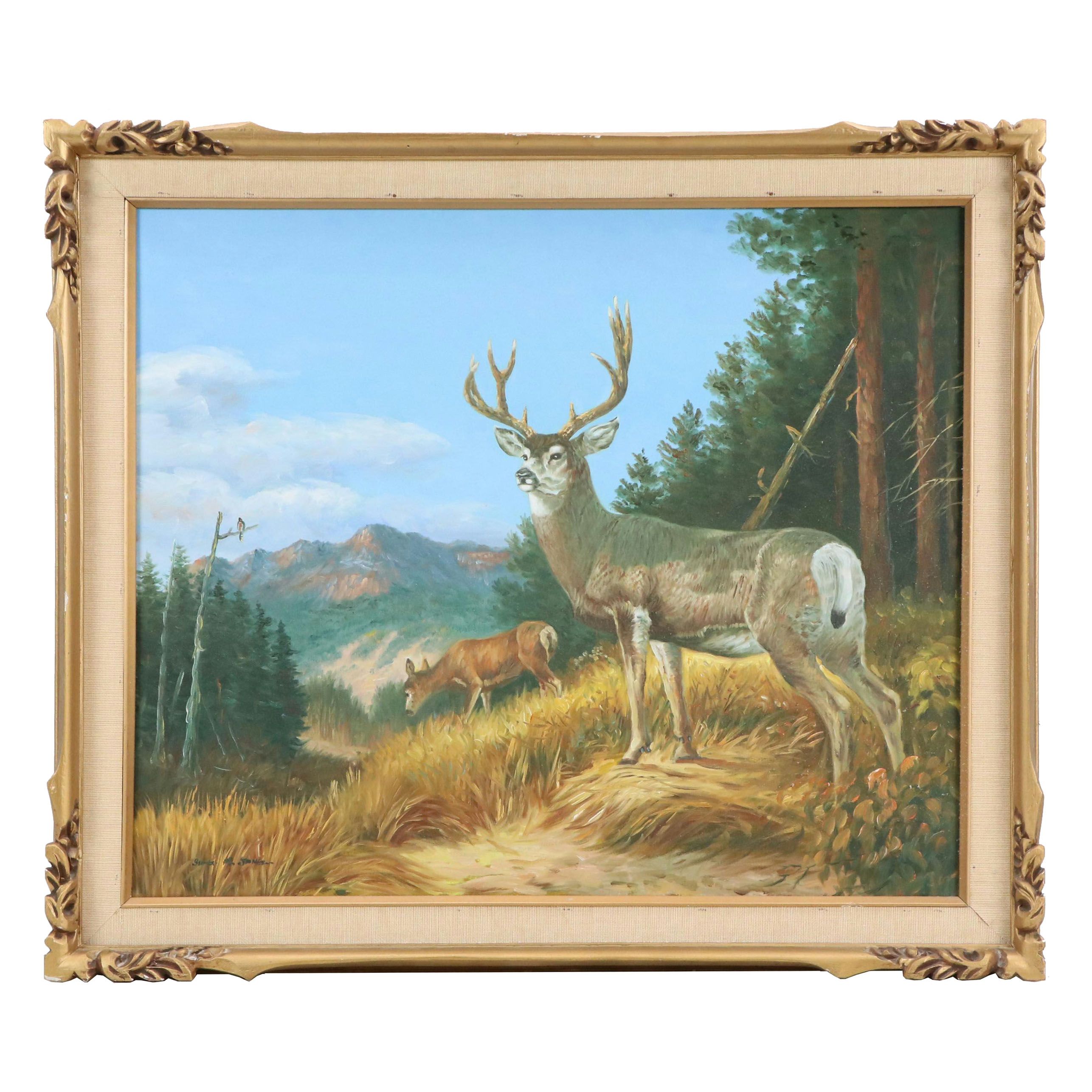 Wilderness Landscape with Deer Oil Painting, Circa 1970