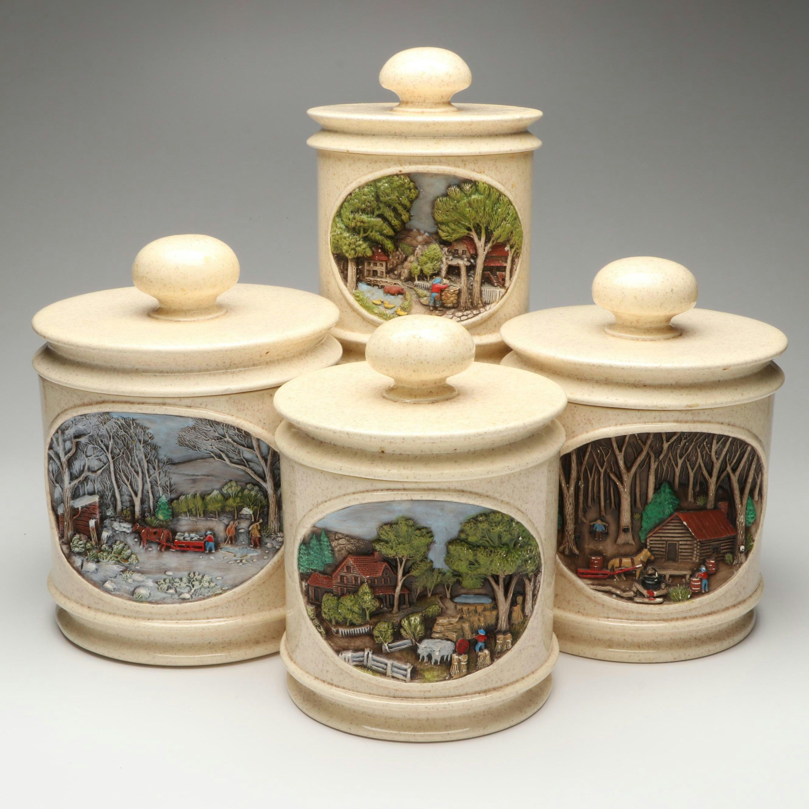 Hershey Mold Pastoral Scene Ceramic Canisters, Late 20th Century