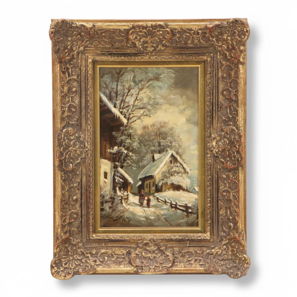 Heinrich Berger Snowy Winter Landscape Oil Painting, Mid-20th Century