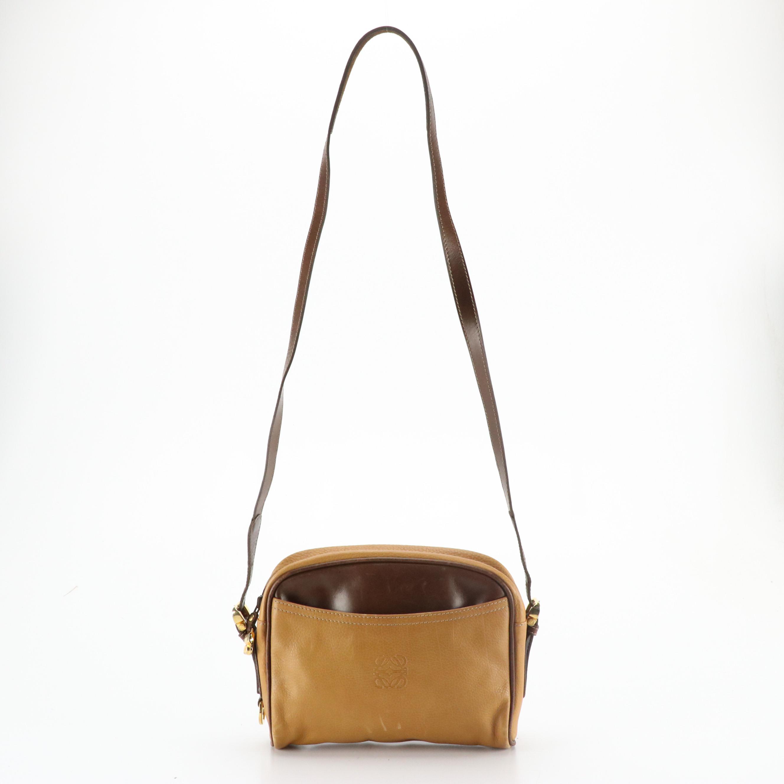 Loewe Vintage Zippered Crossbody Bag in Tan Calfskin and Brown Lambskin Leather