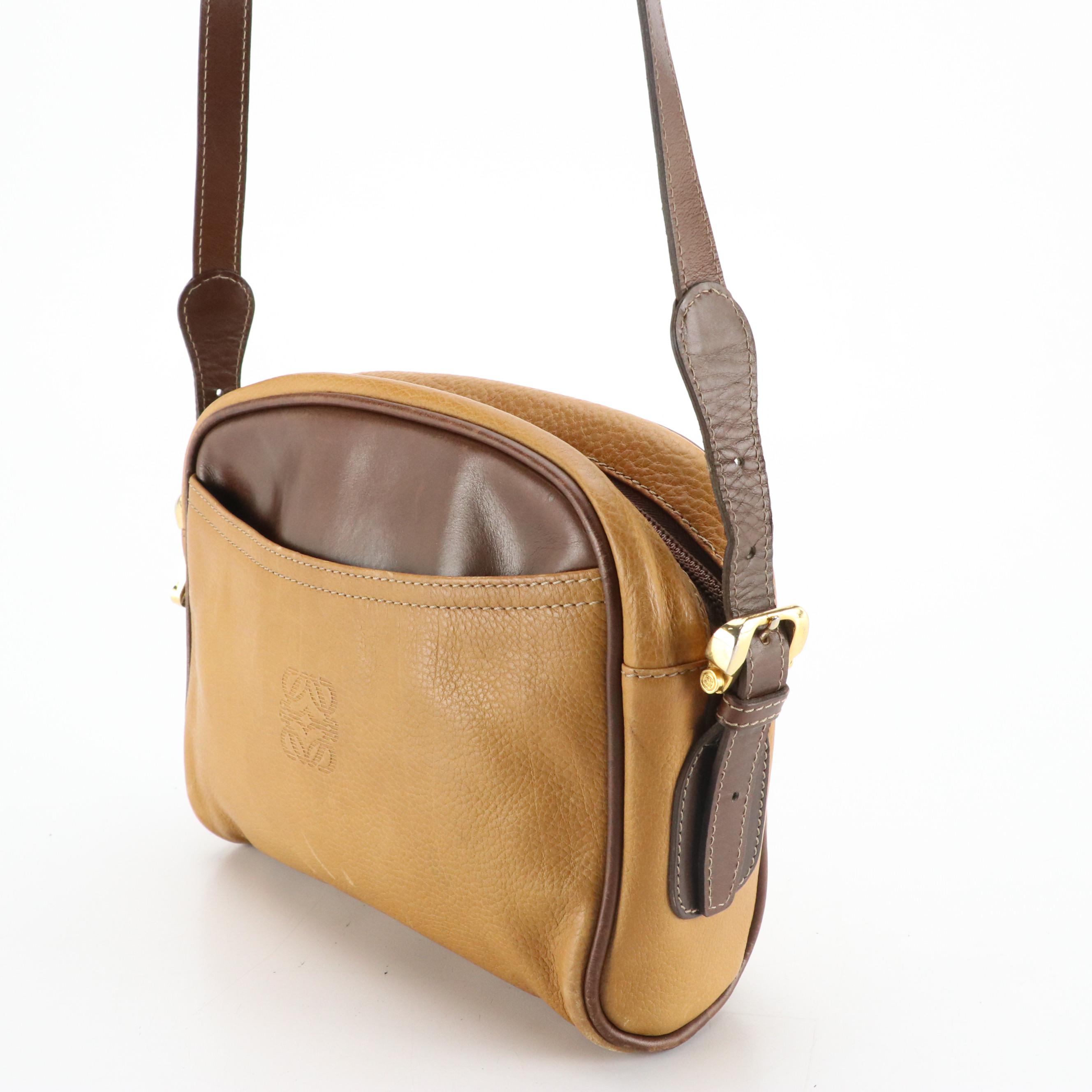 Loewe Vintage Zippered Crossbody Bag in Tan Calfskin and Brown Lambskin Leather