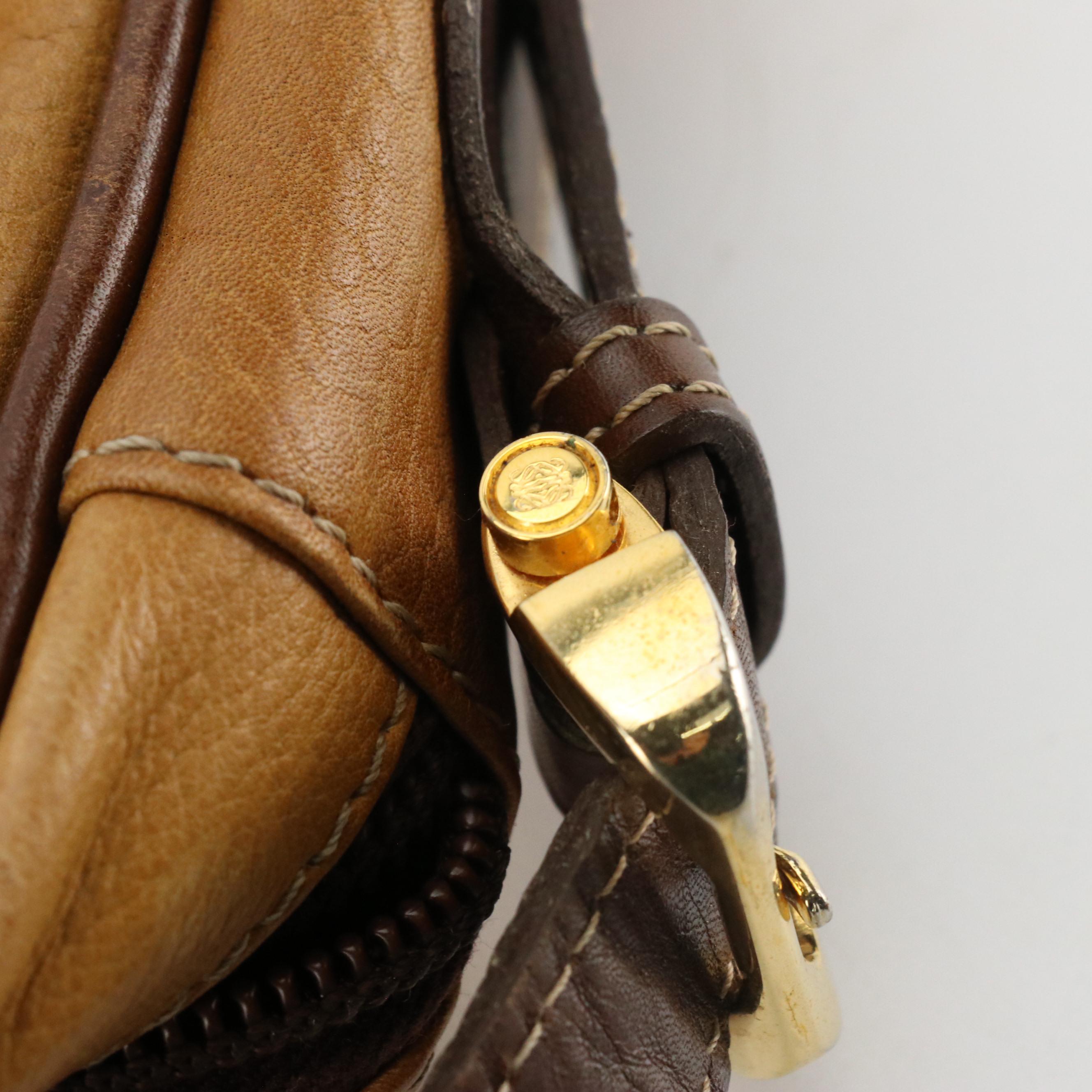 Loewe Vintage Zippered Crossbody Bag in Tan Calfskin and Brown Lambskin Leather