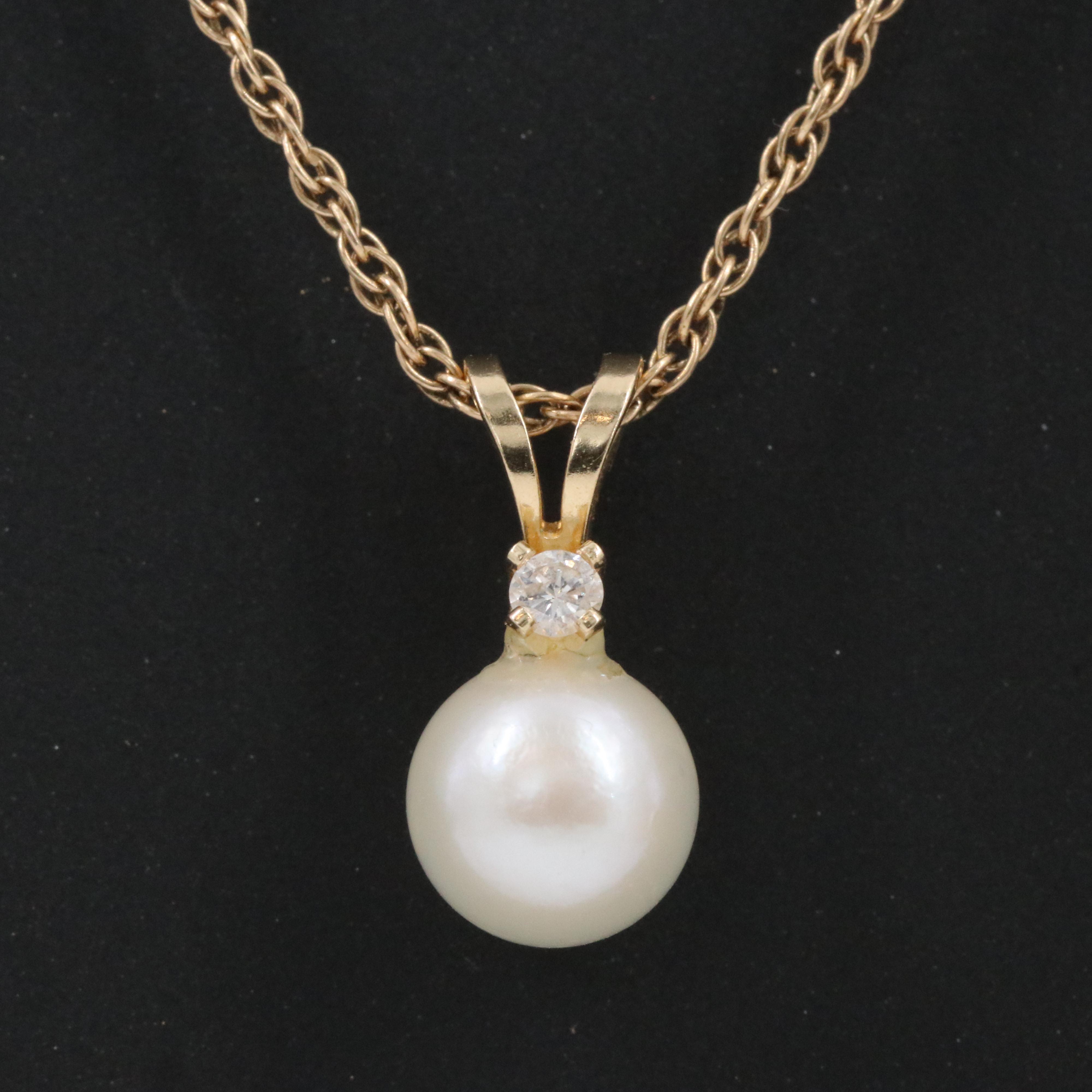 14K Pearl and Diamond Pendant Necklace