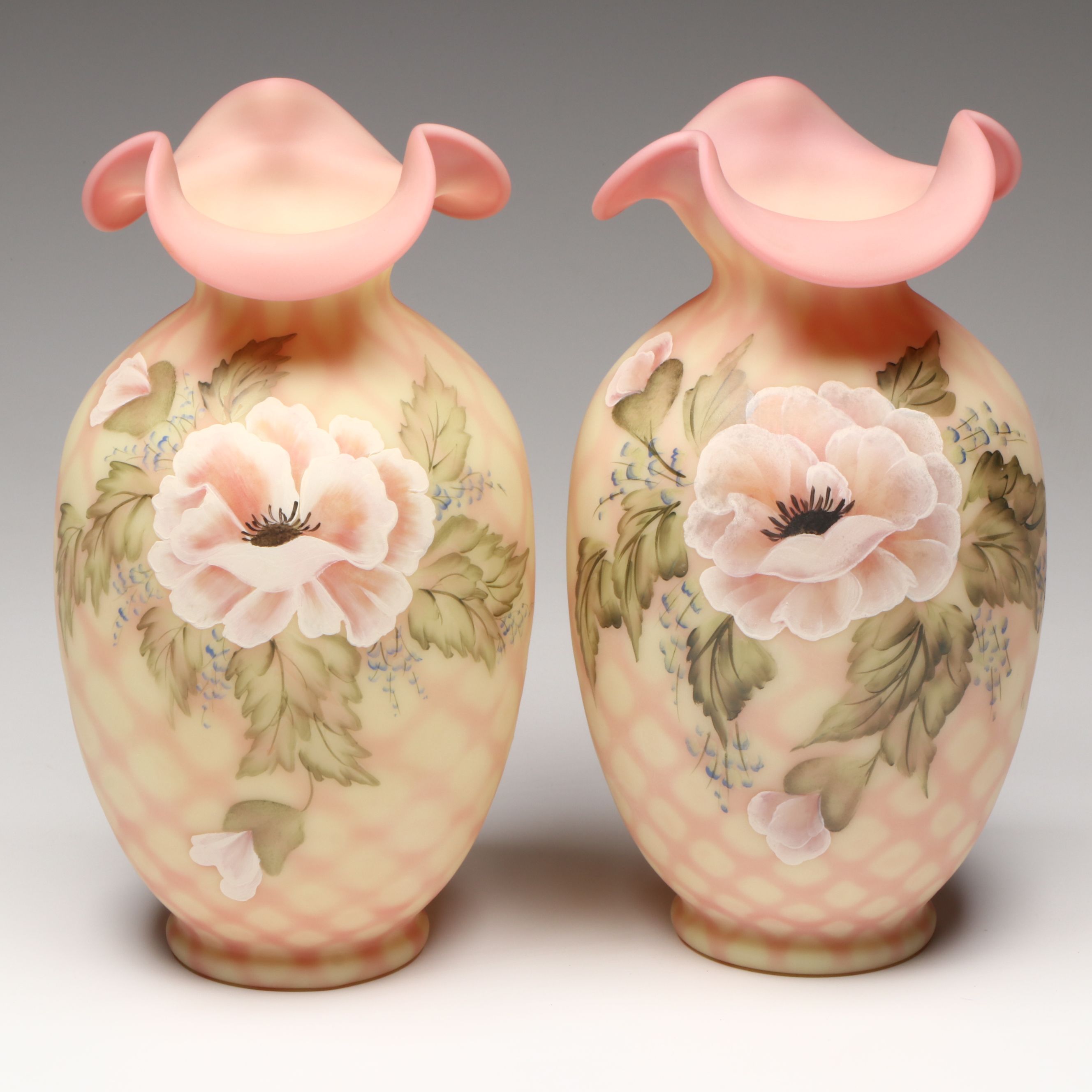 Fenton Hand-Painted Poppy Burmese Glass Vases