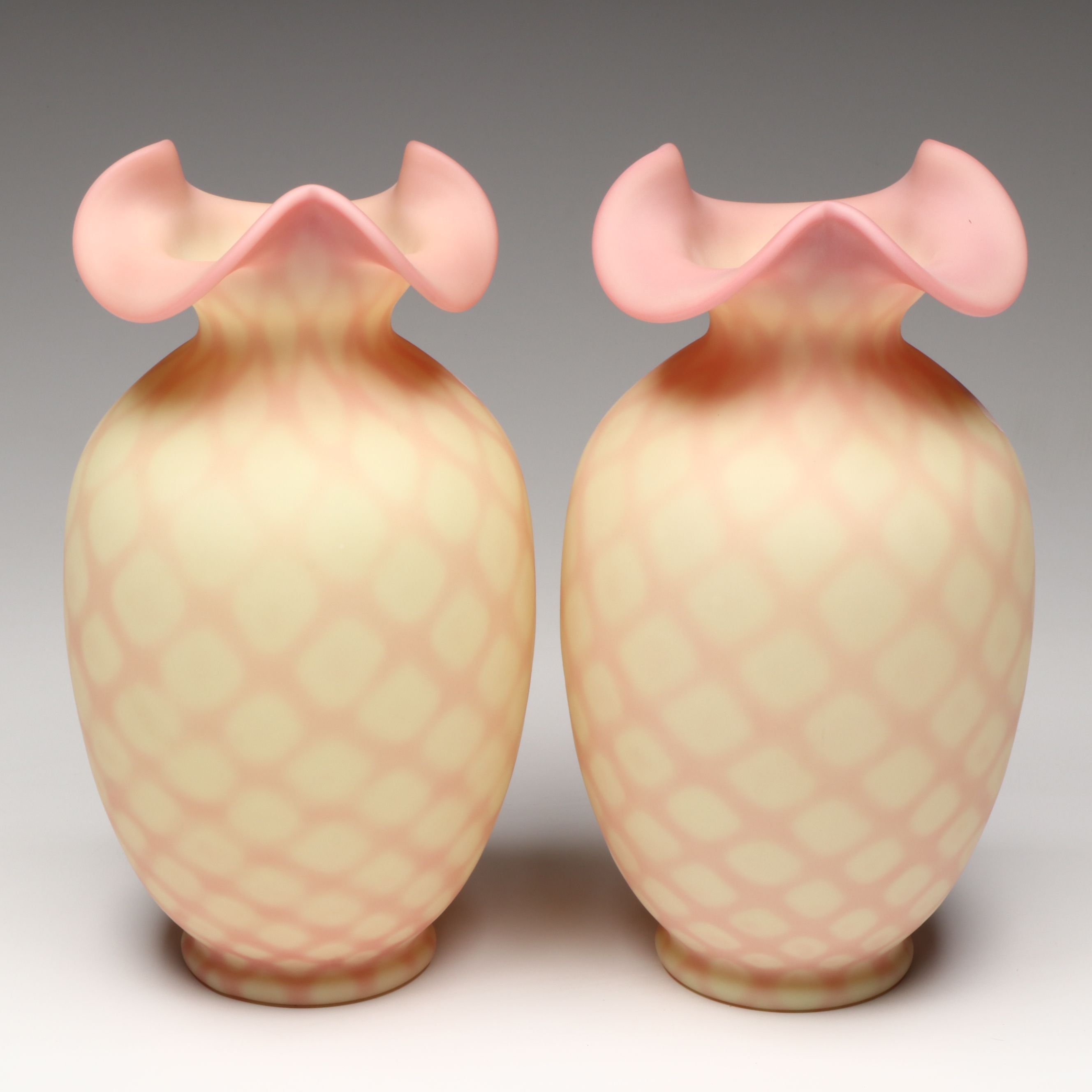 Fenton Hand-Painted Poppy Burmese Glass Vases