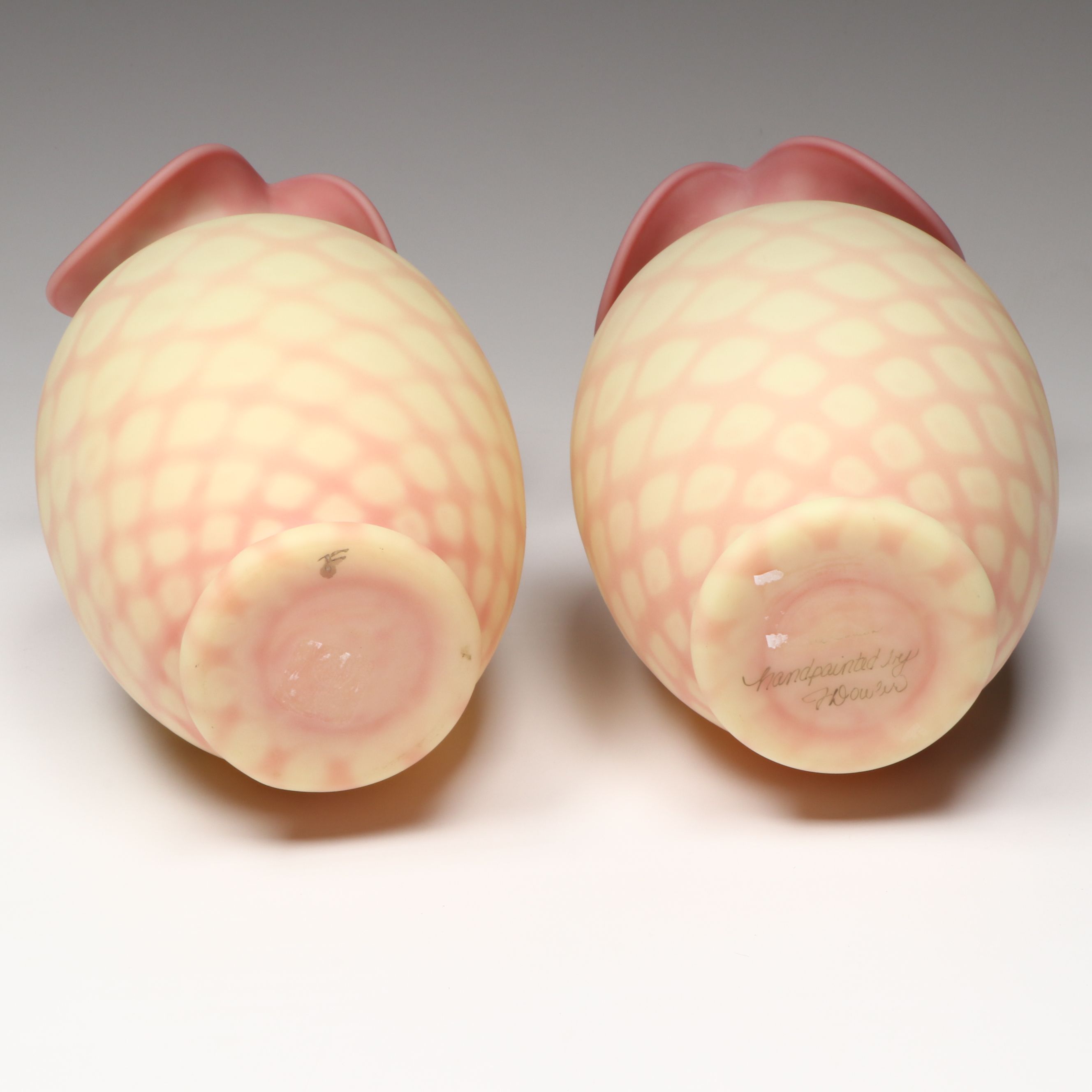 Fenton Hand-Painted Poppy Burmese Glass Vases