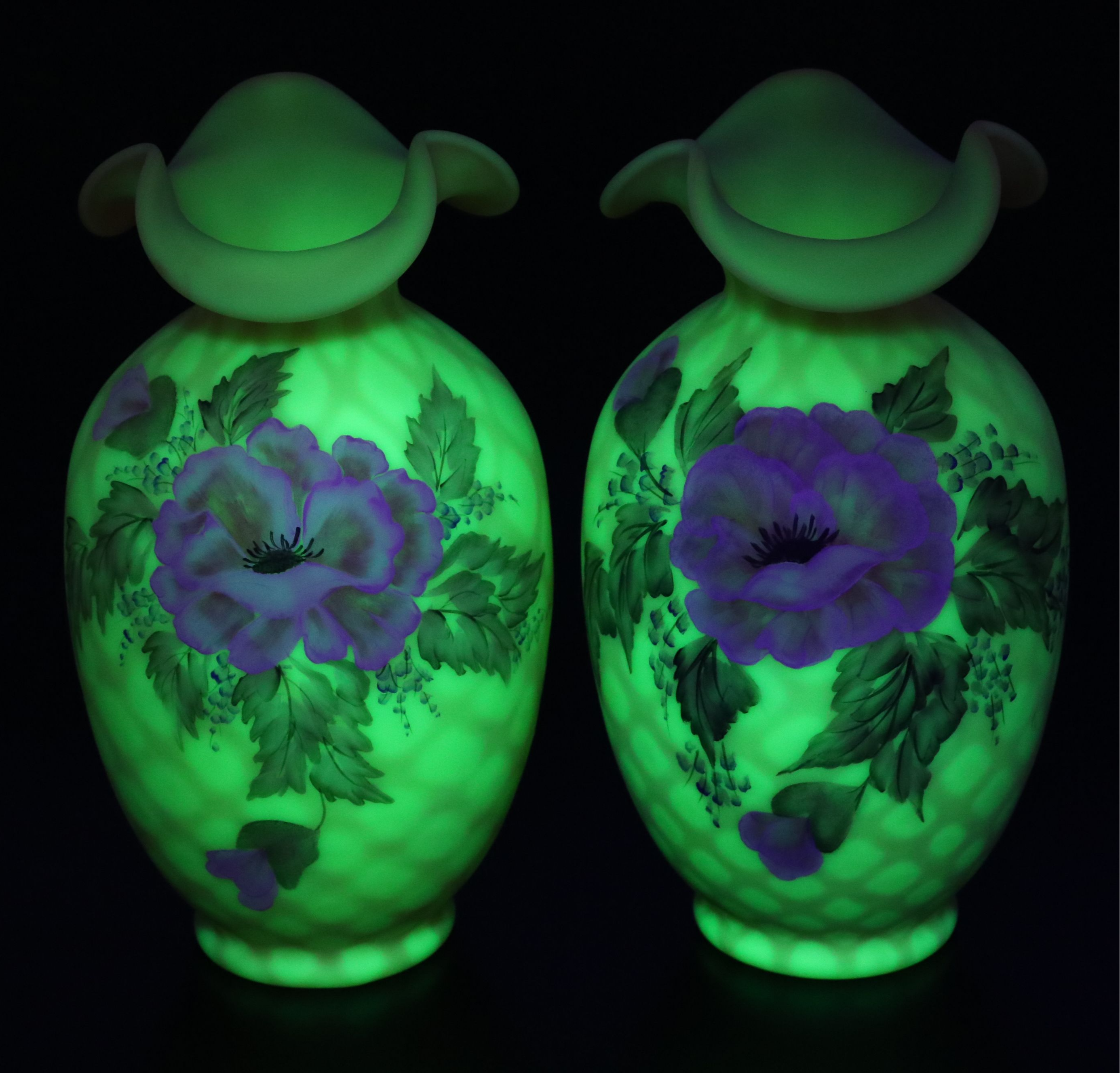 Fenton Hand-Painted Poppy Burmese Glass Vases