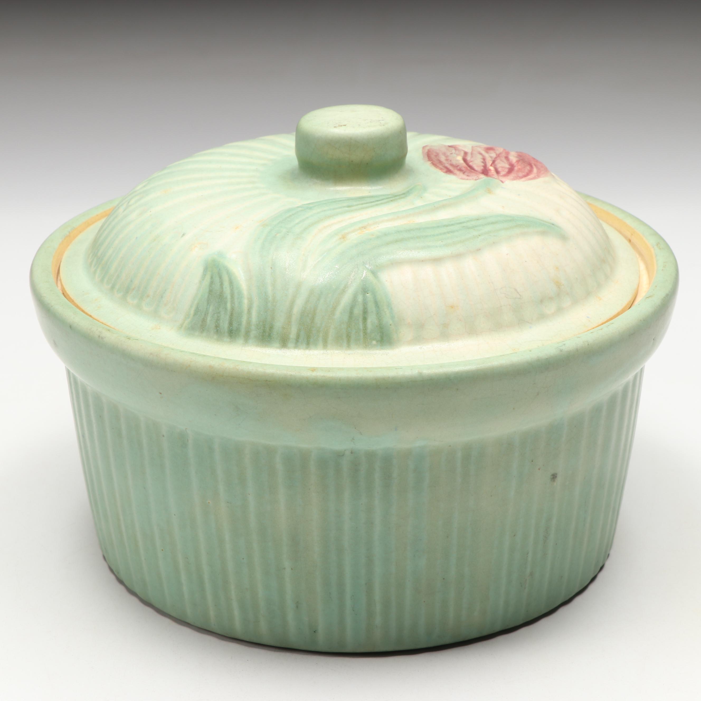 Ribbed Celadon Green Stoneware Tulip Covered Baking Dish, Mid-20th Century