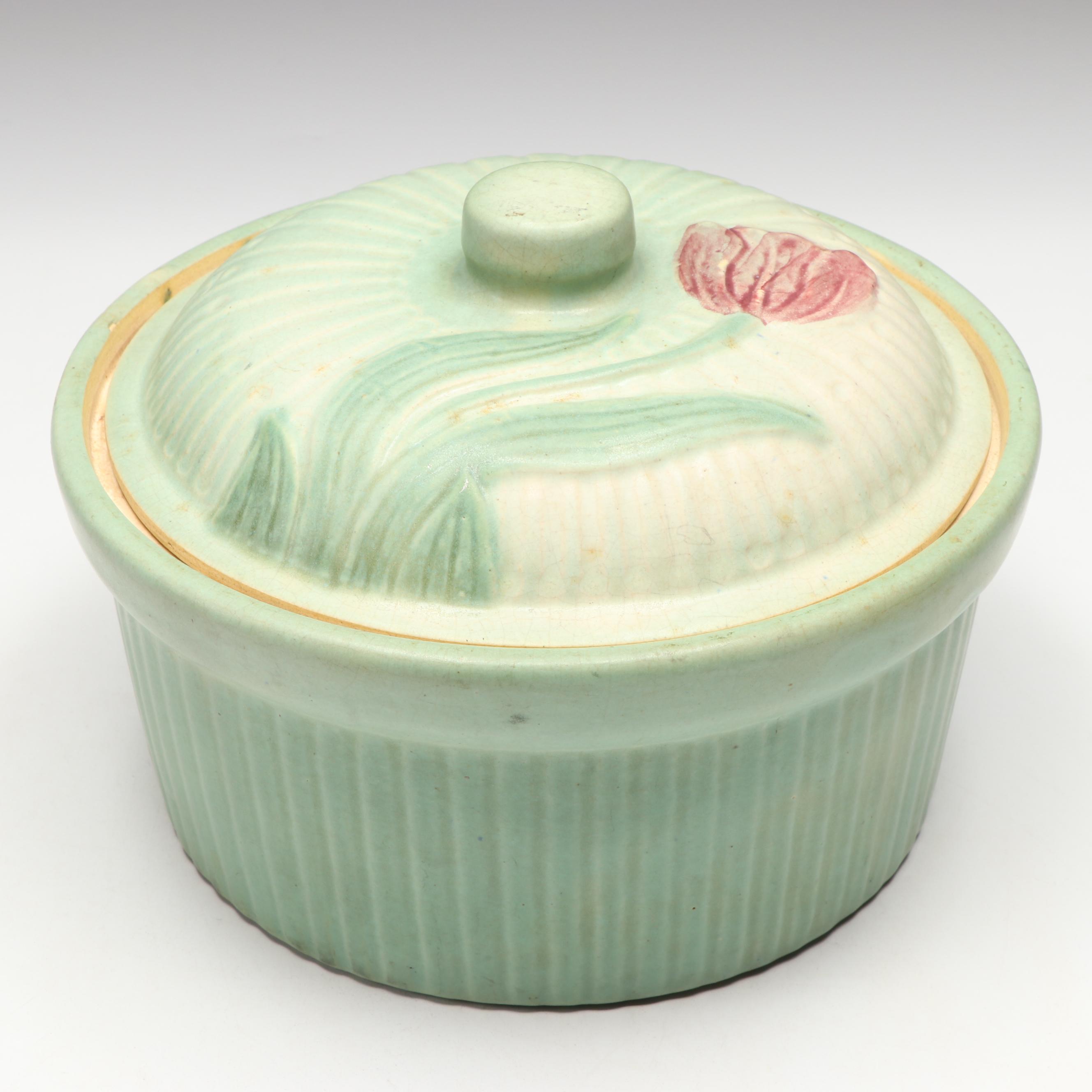 Ribbed Celadon Green Stoneware Tulip Covered Baking Dish, Mid-20th Century