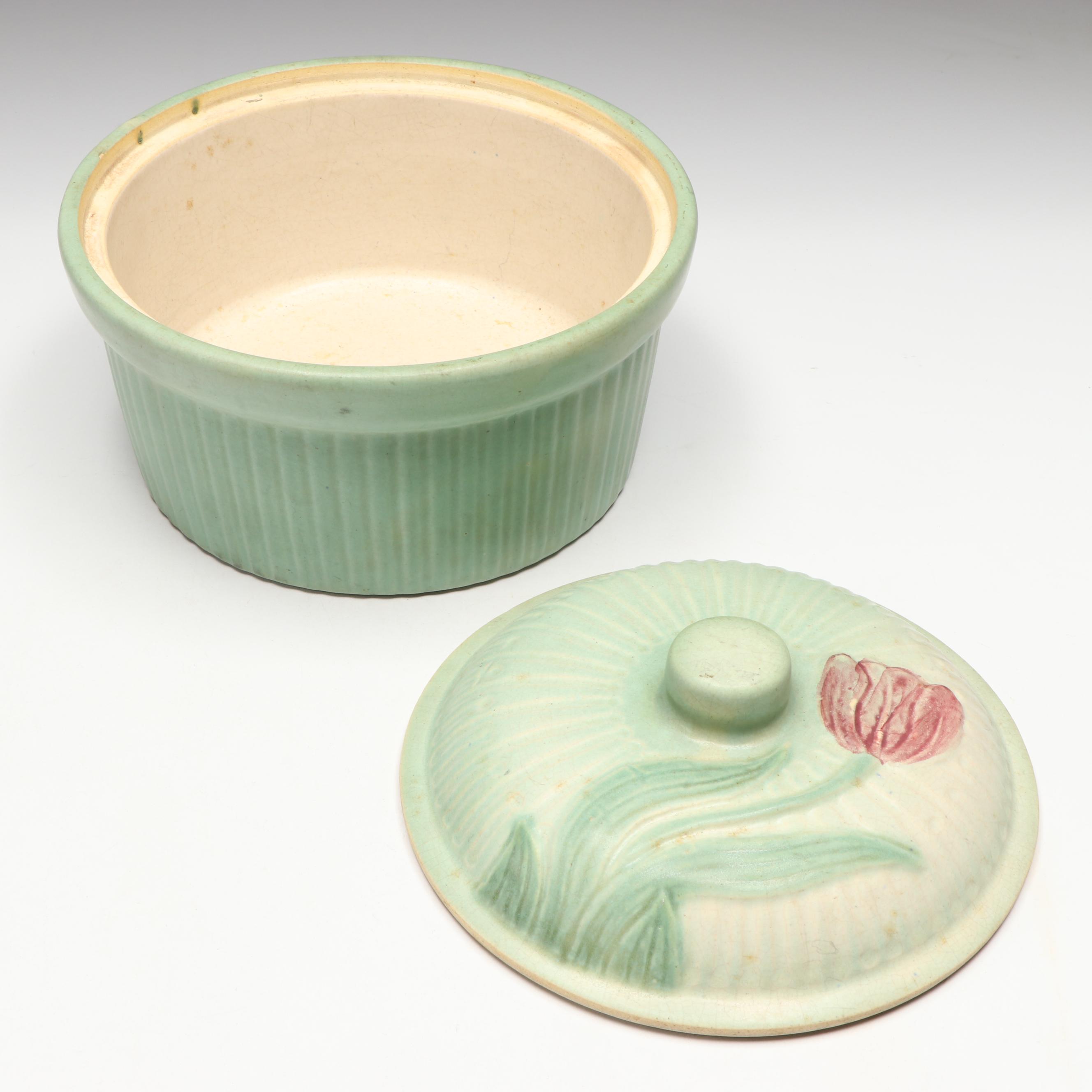 Ribbed Celadon Green Stoneware Tulip Covered Baking Dish, Mid-20th Century