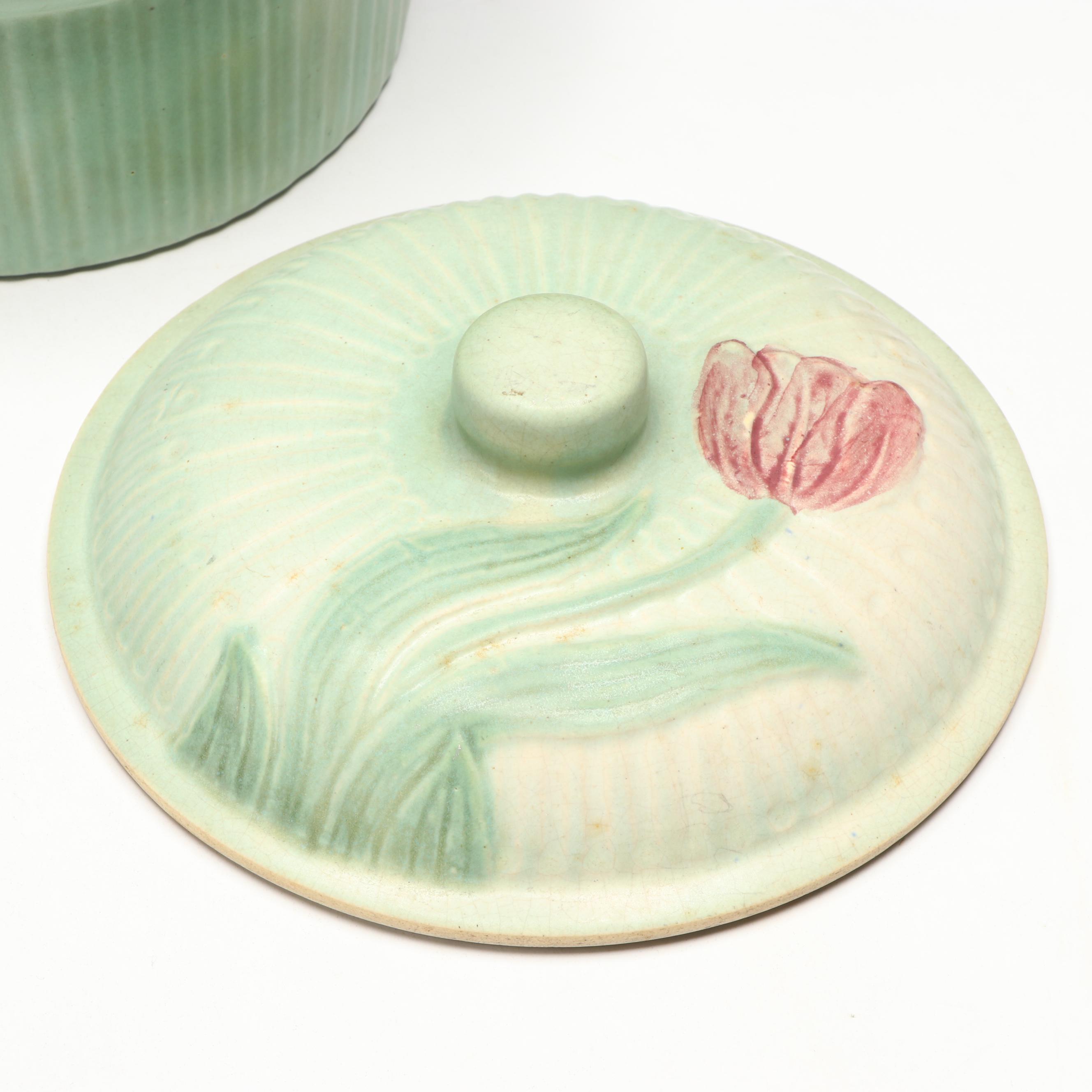 Ribbed Celadon Green Stoneware Tulip Covered Baking Dish, Mid-20th Century