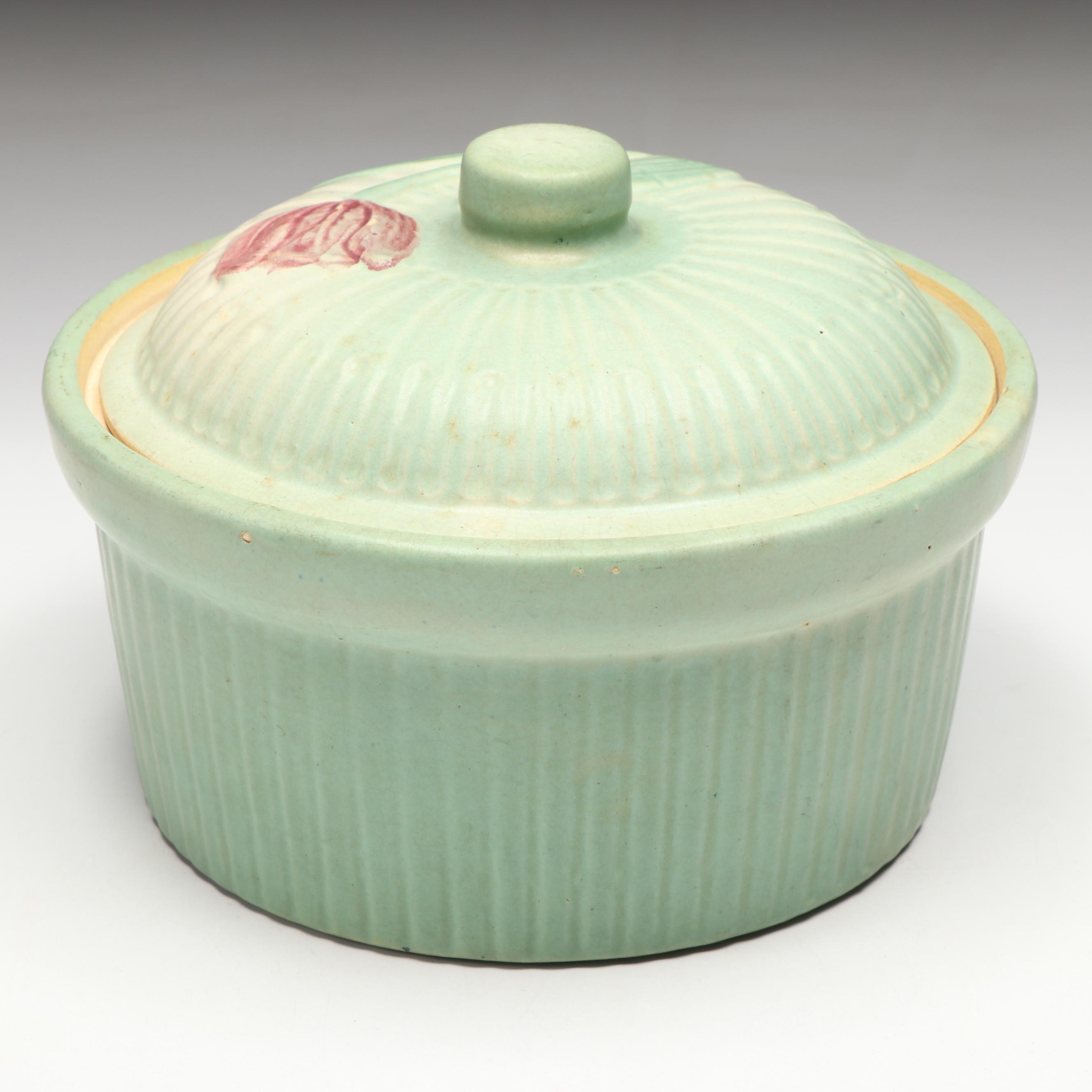 Ribbed Celadon Green Stoneware Tulip Covered Baking Dish, Mid-20th Century