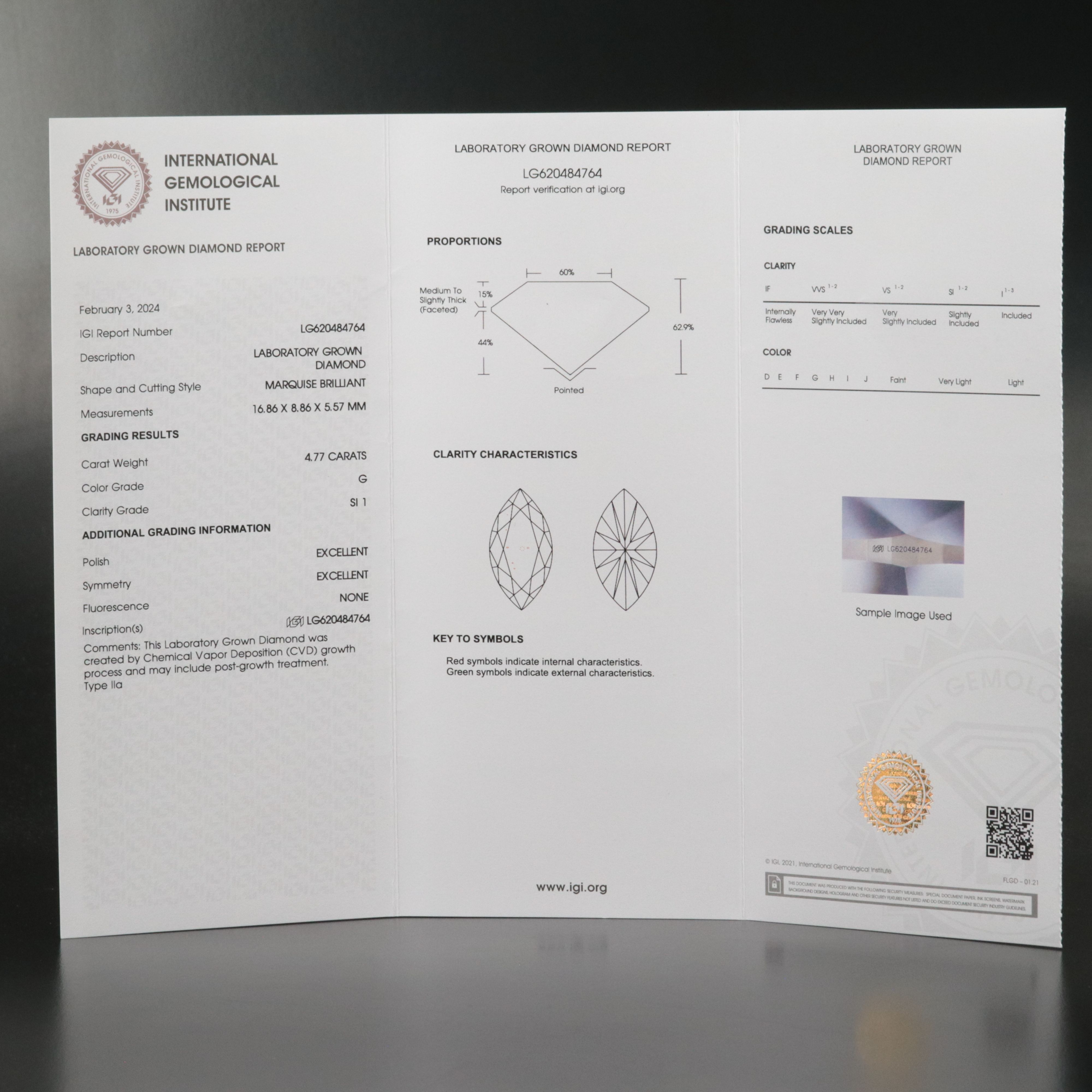 Loose 4.77 CT Lab Grown Diamond with IGI Report