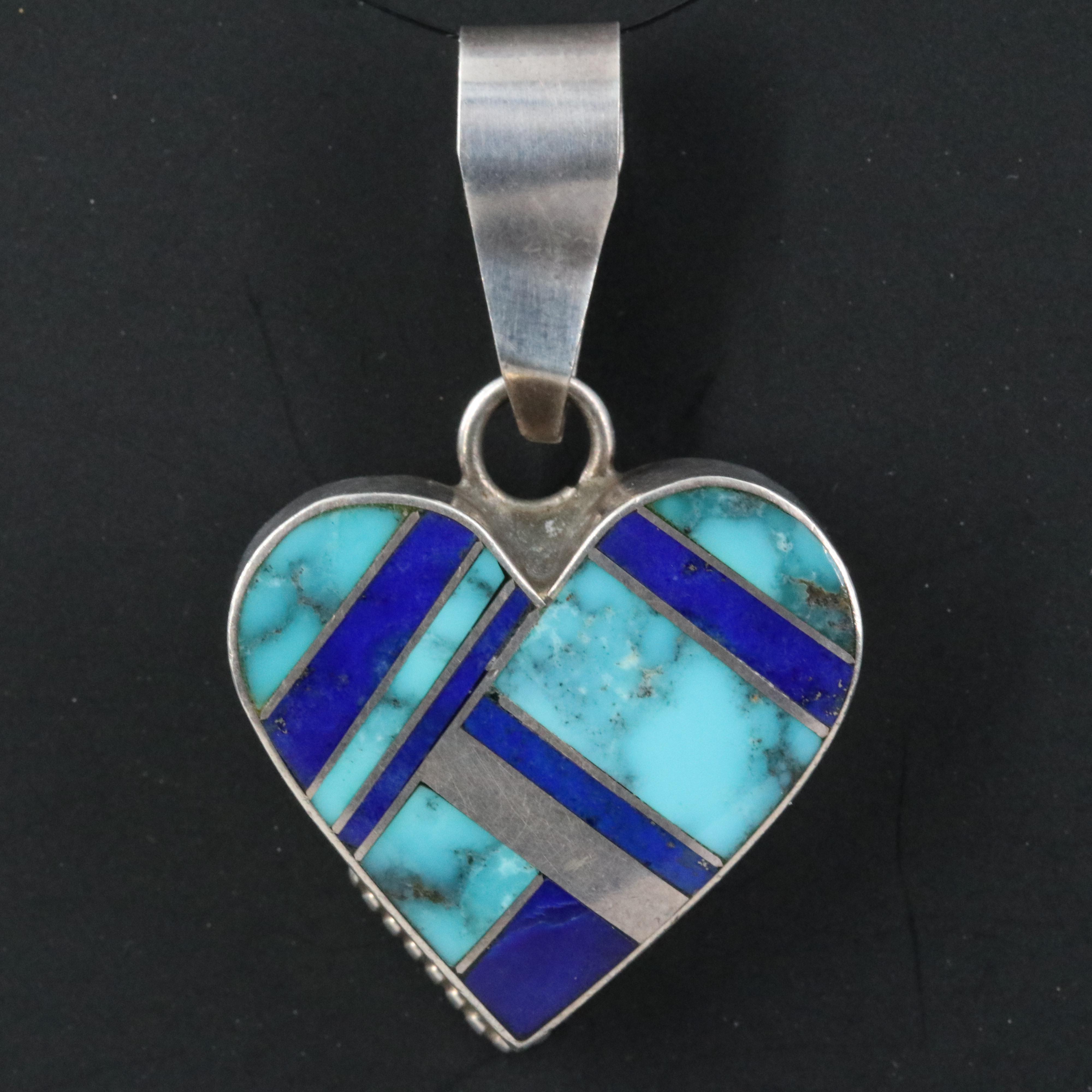 Annabelle Peterson Navajo Diné Sterling Turquoise Inlay Heart Pendant