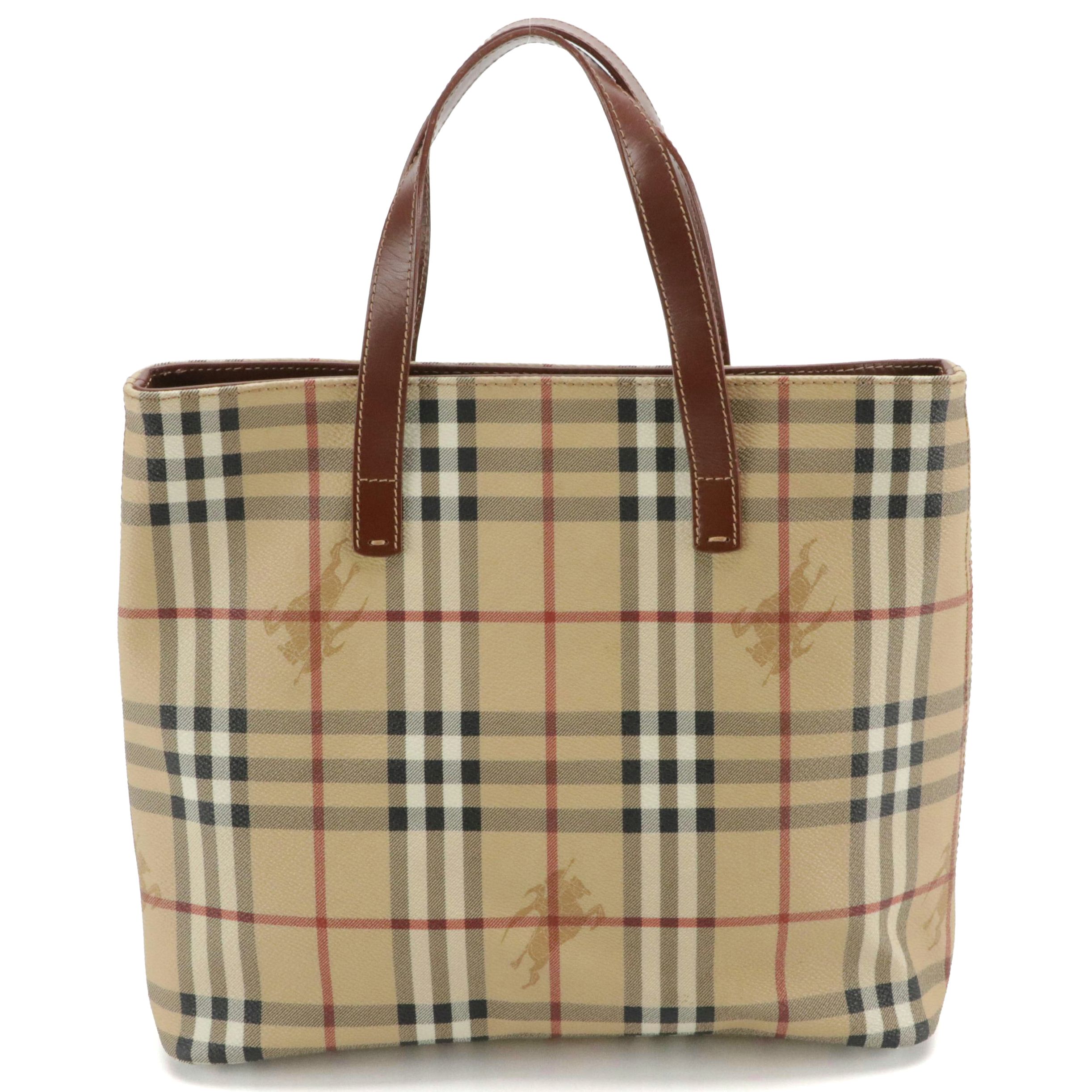Burberry Tote in Haymarket Check Canvas and Brown Leather