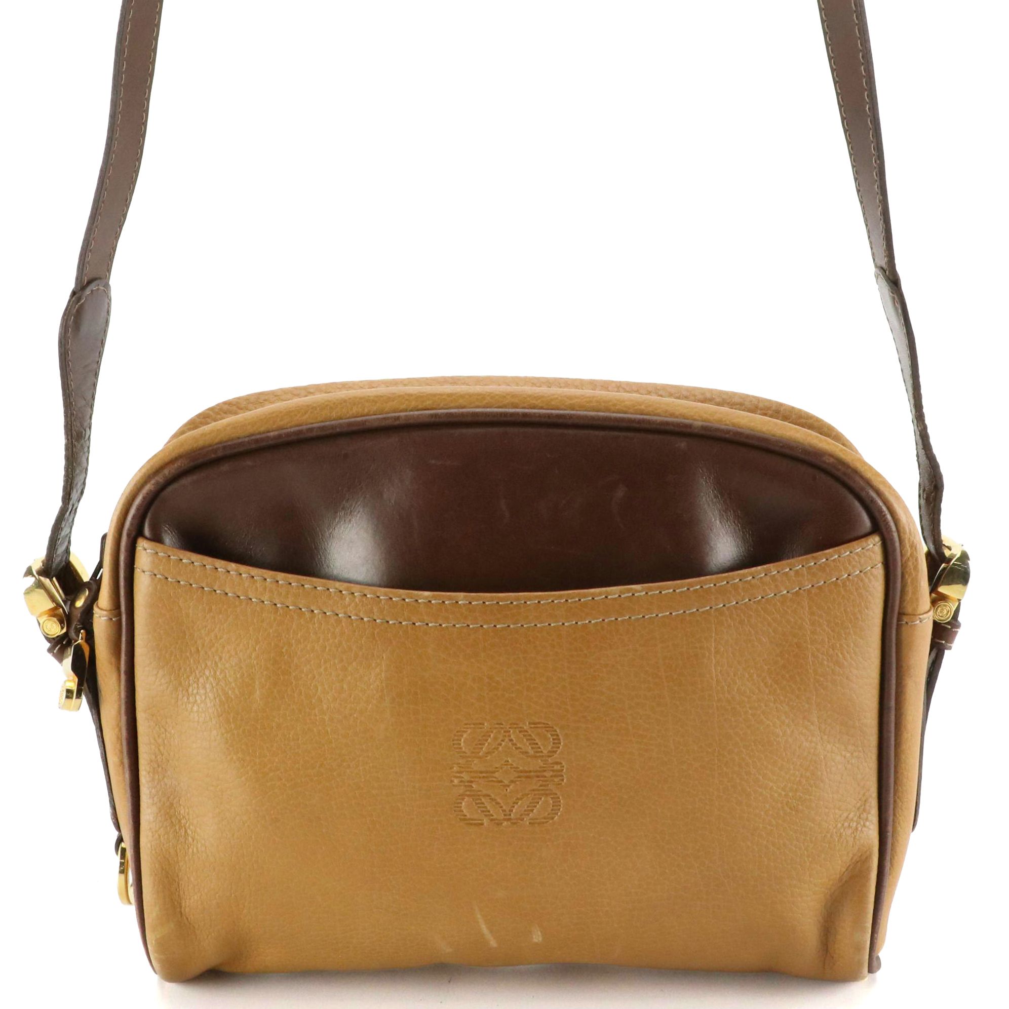 Loewe Vintage Zippered Crossbody Bag in Tan Calfskin and Brown Lambskin Leather