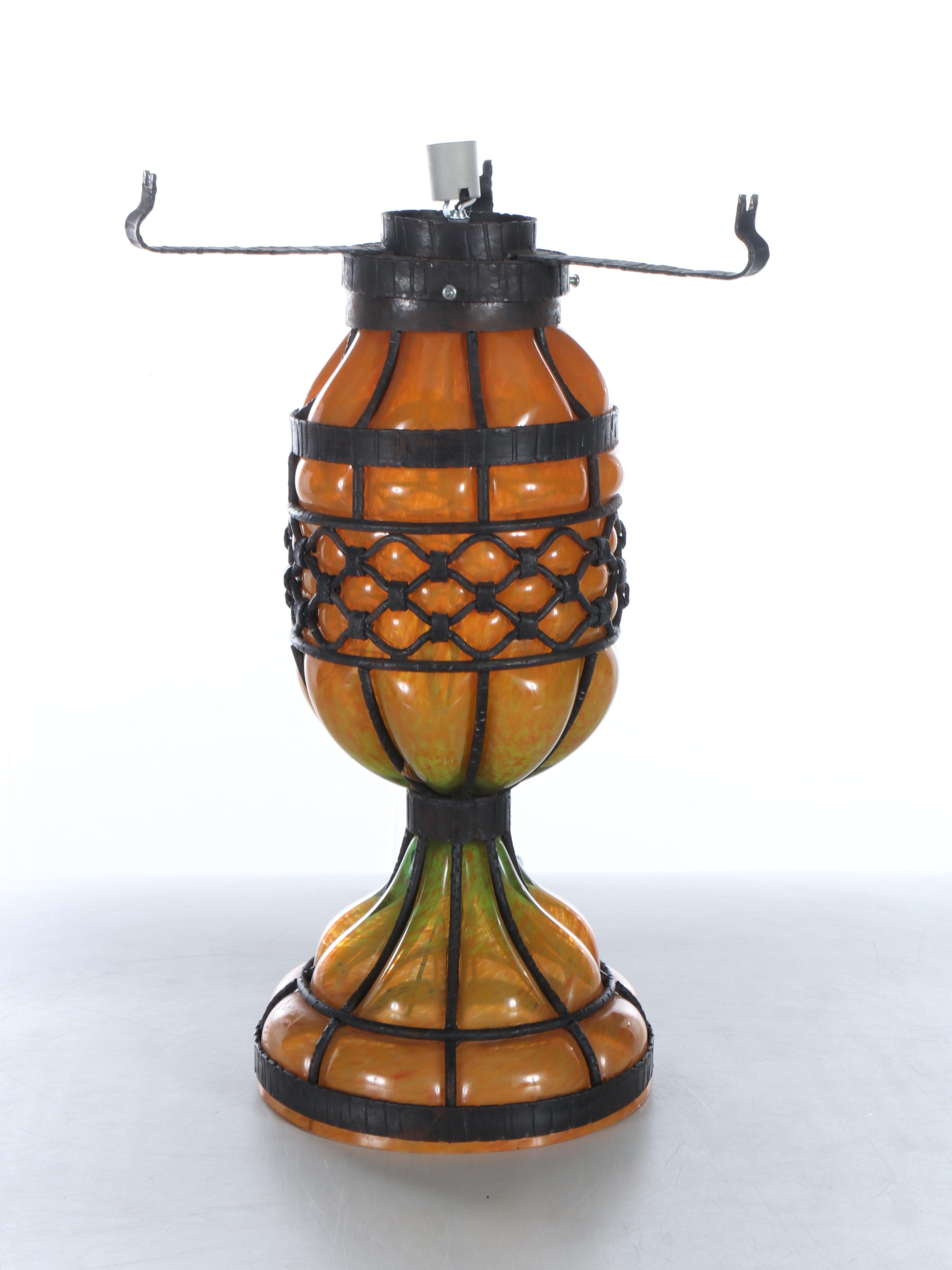 Daum Glass and Wrought Iron Art Deco Lamp, Early to Mid-20th Century