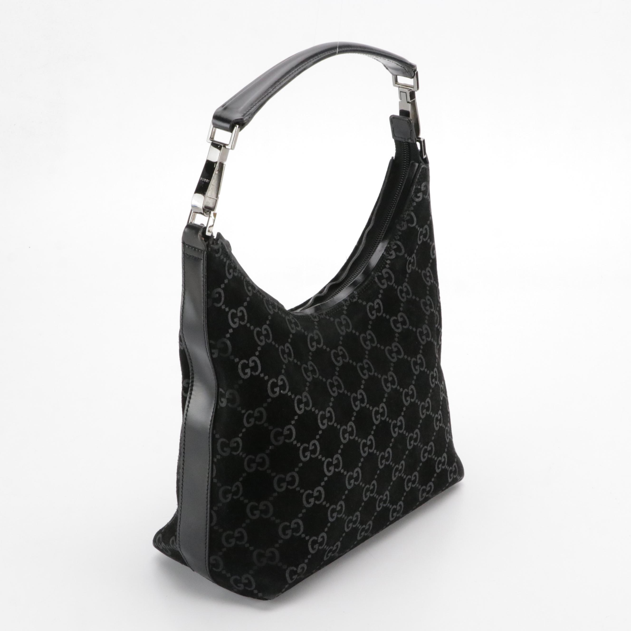Gucci Zippered Hobo Shoulder Bag in Black GG Suede and Calfskin Leather Trim