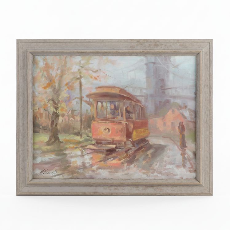 H. Bauer Oil Painting of San Francisco Trolley Scene