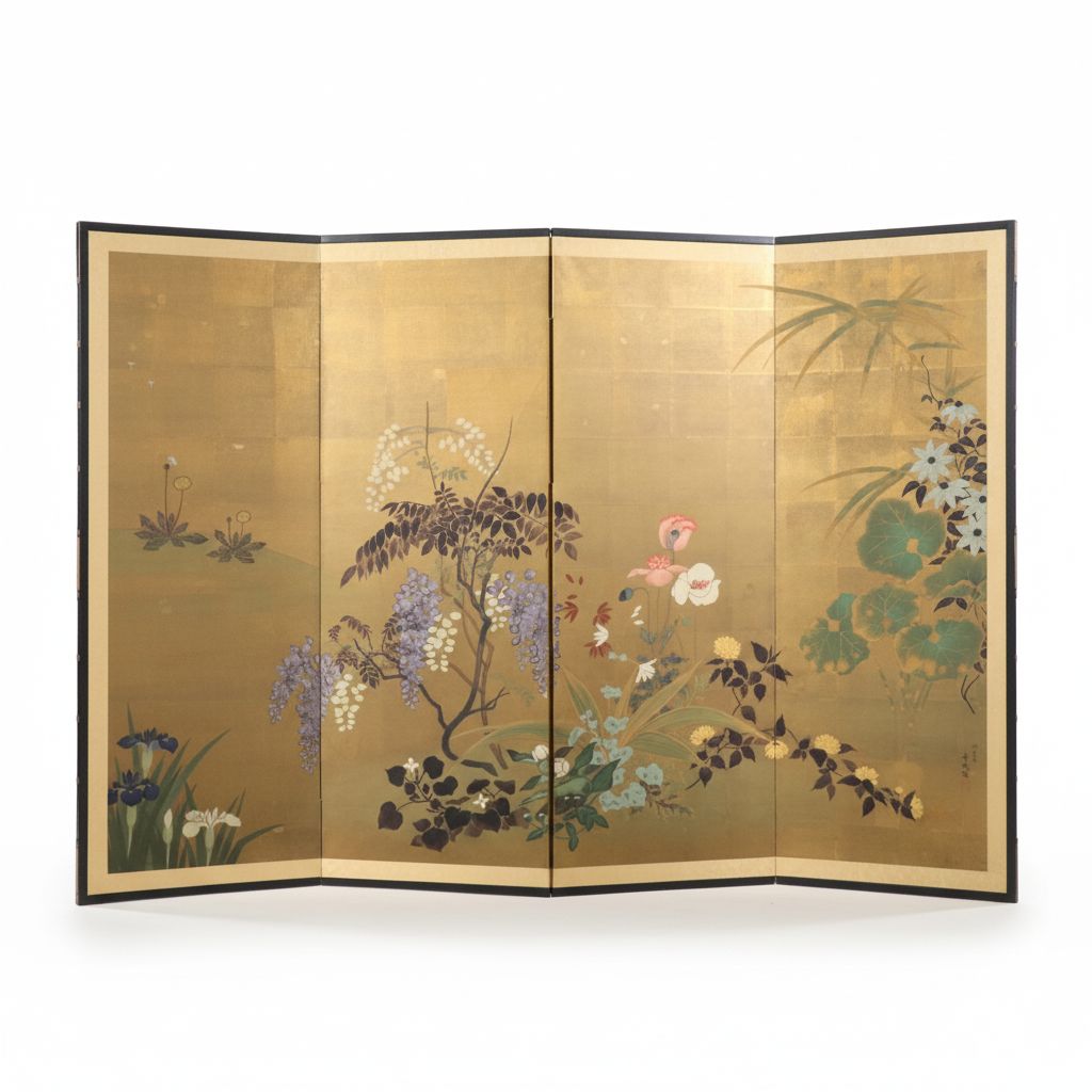 Japanese Hand-Painted Acrylic on Paper Four-Panel Folding Screen of Flowers