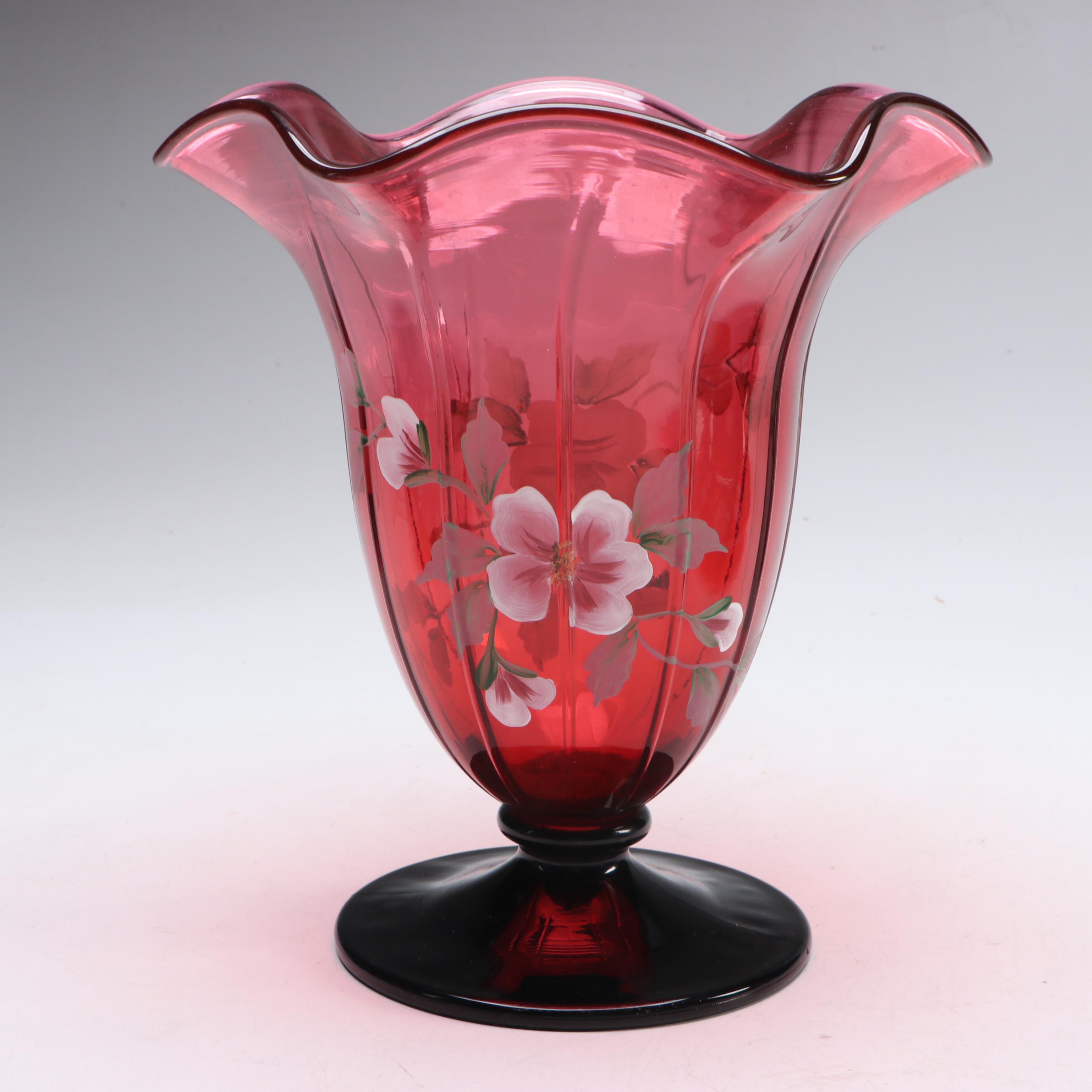 Fenton Opalescent Plum Rolled Console Bowl with More Hand-Painted Glass