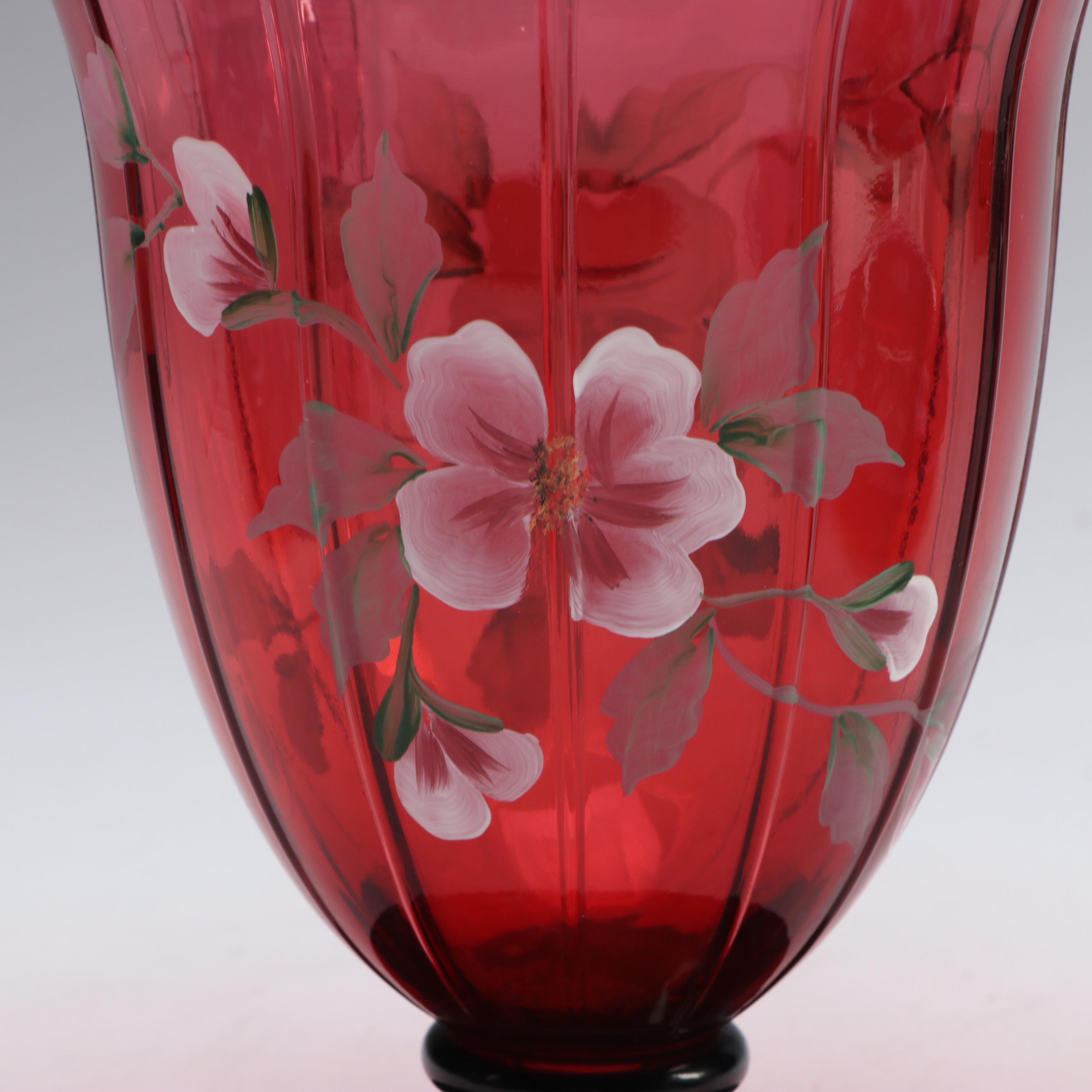 Fenton Opalescent Plum Rolled Console Bowl with More Hand-Painted Glass