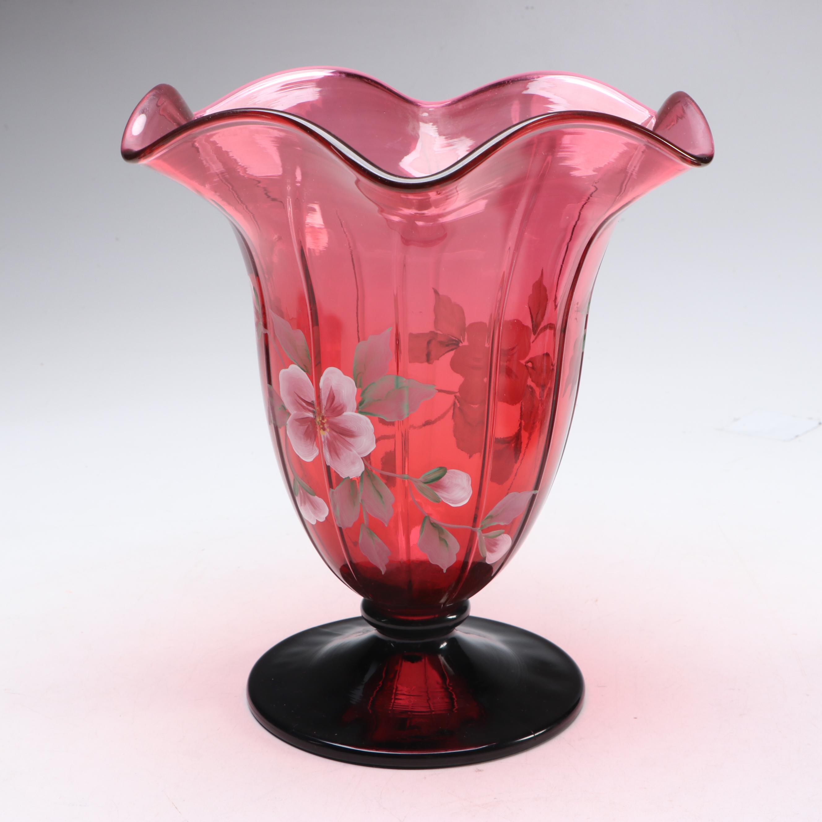 Fenton Opalescent Plum Rolled Console Bowl with More Hand-Painted Glass