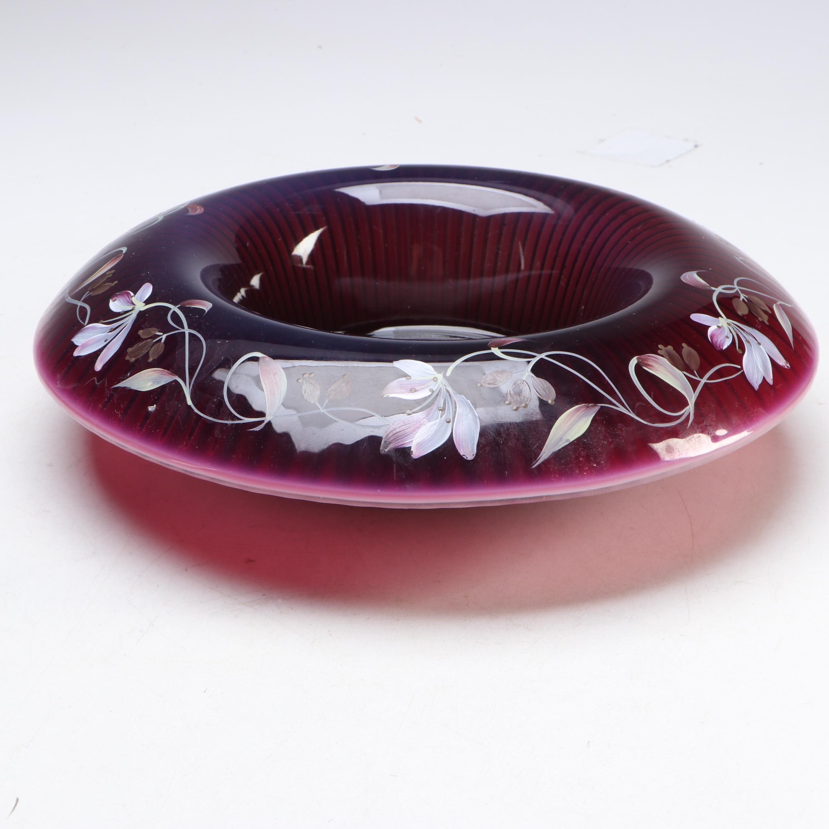 Fenton Opalescent Plum Rolled Console Bowl with More Hand-Painted Glass