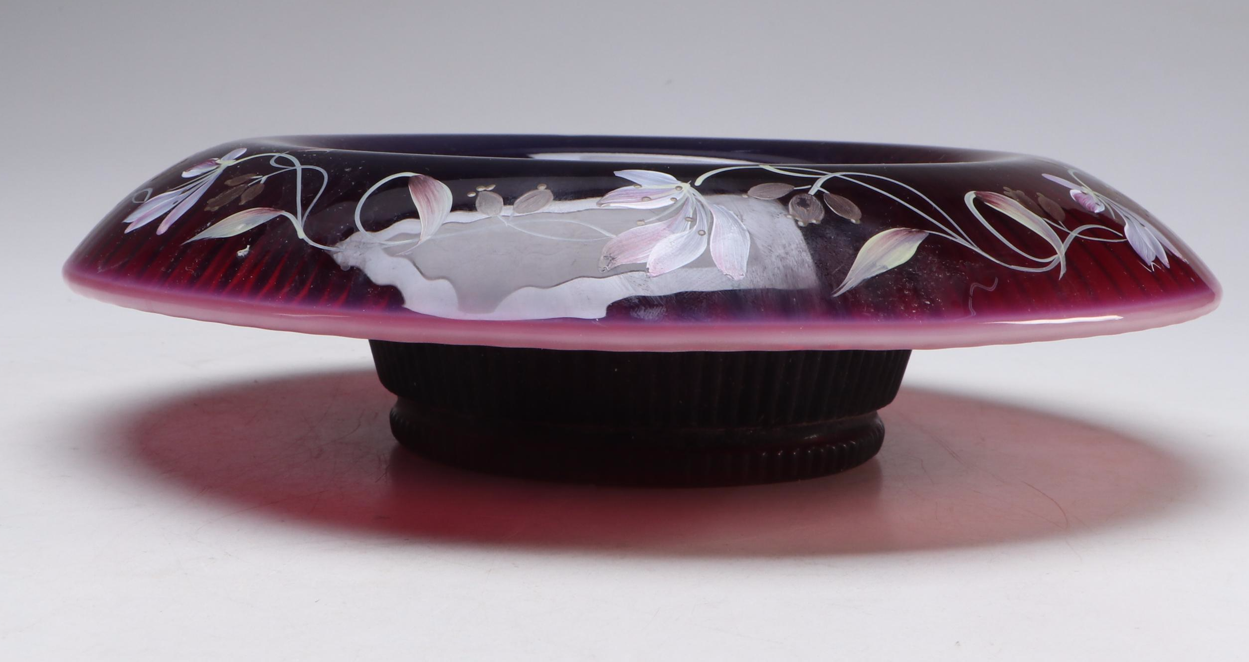 Fenton Opalescent Plum Rolled Console Bowl with More Hand-Painted Glass