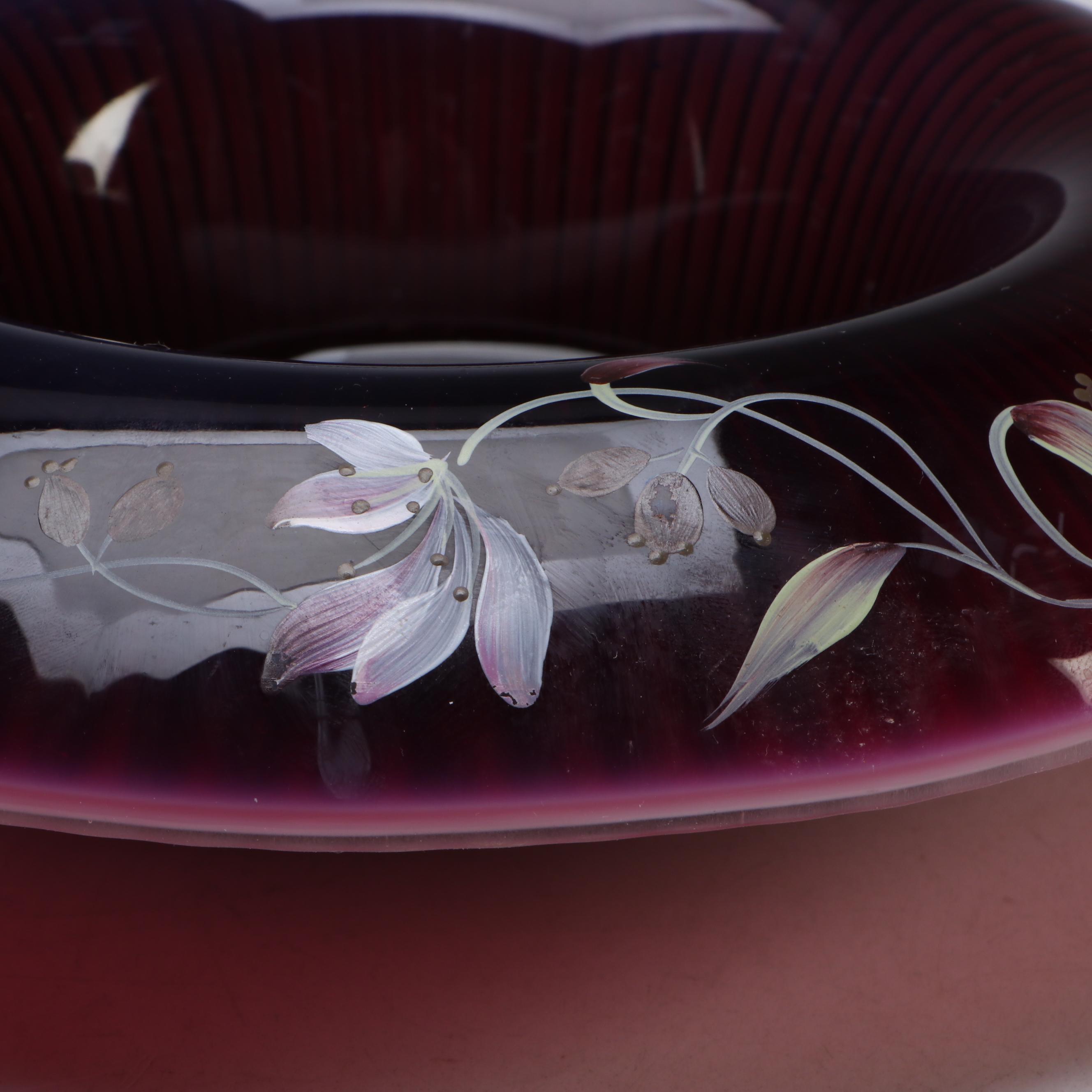 Fenton Opalescent Plum Rolled Console Bowl with More Hand-Painted Glass