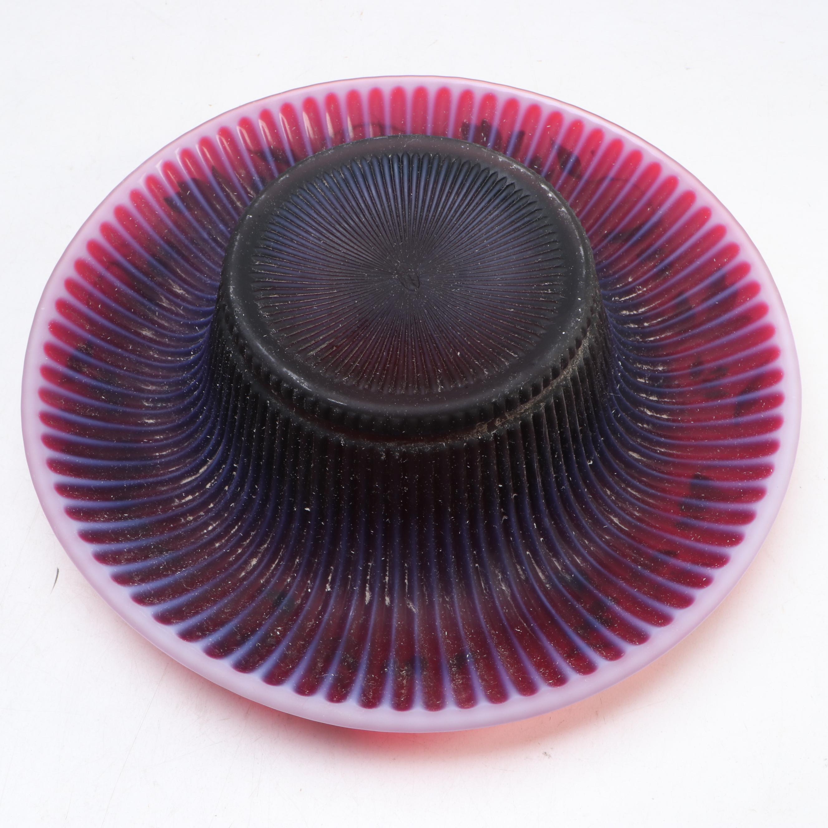 Fenton Opalescent Plum Rolled Console Bowl with More Hand-Painted Glass