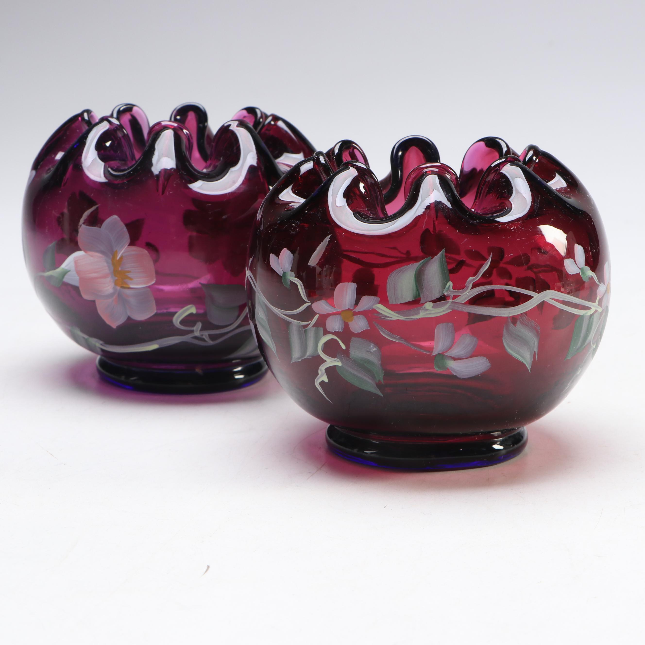 Fenton Opalescent Plum Rolled Console Bowl with More Hand-Painted Glass