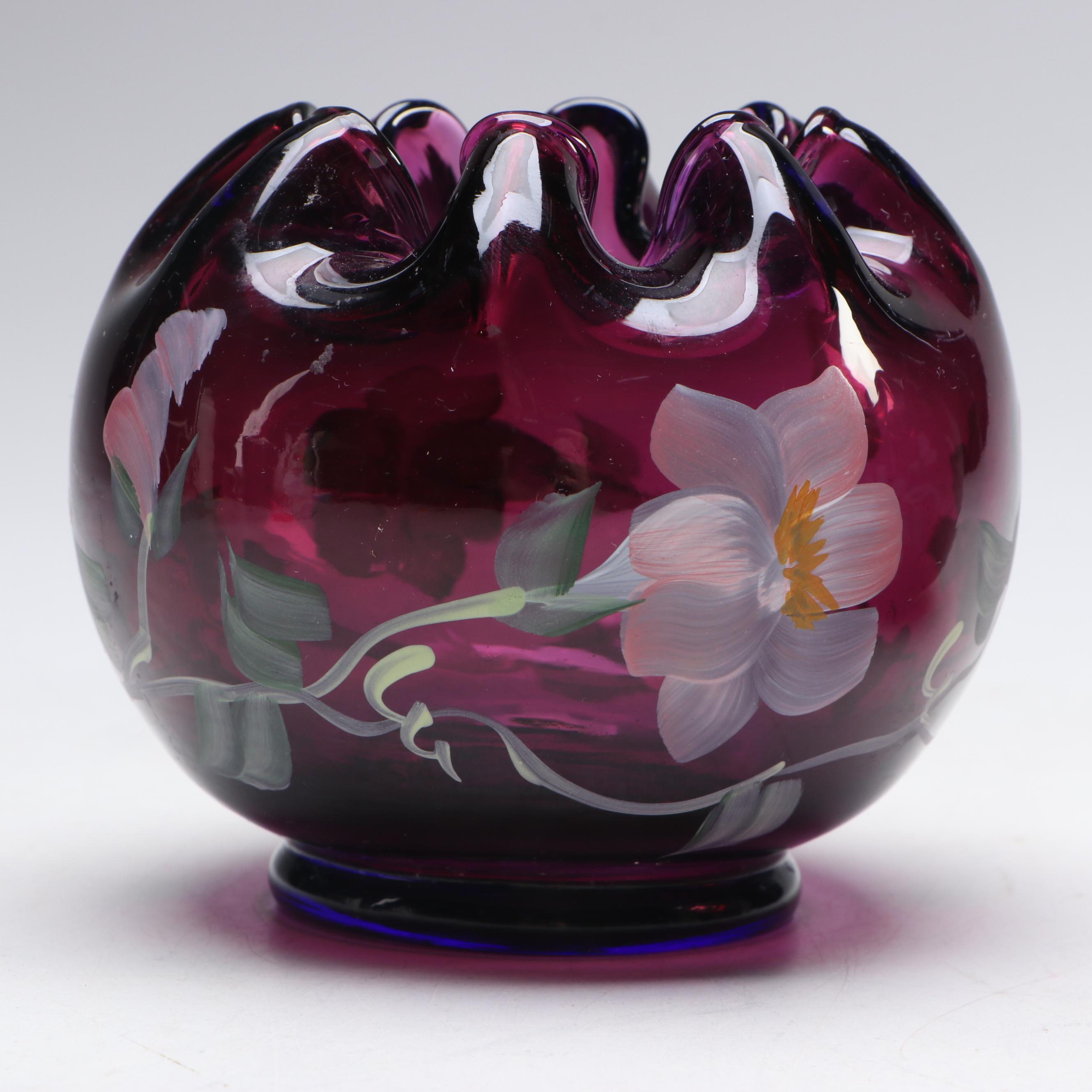 Fenton Opalescent Plum Rolled Console Bowl with More Hand-Painted Glass