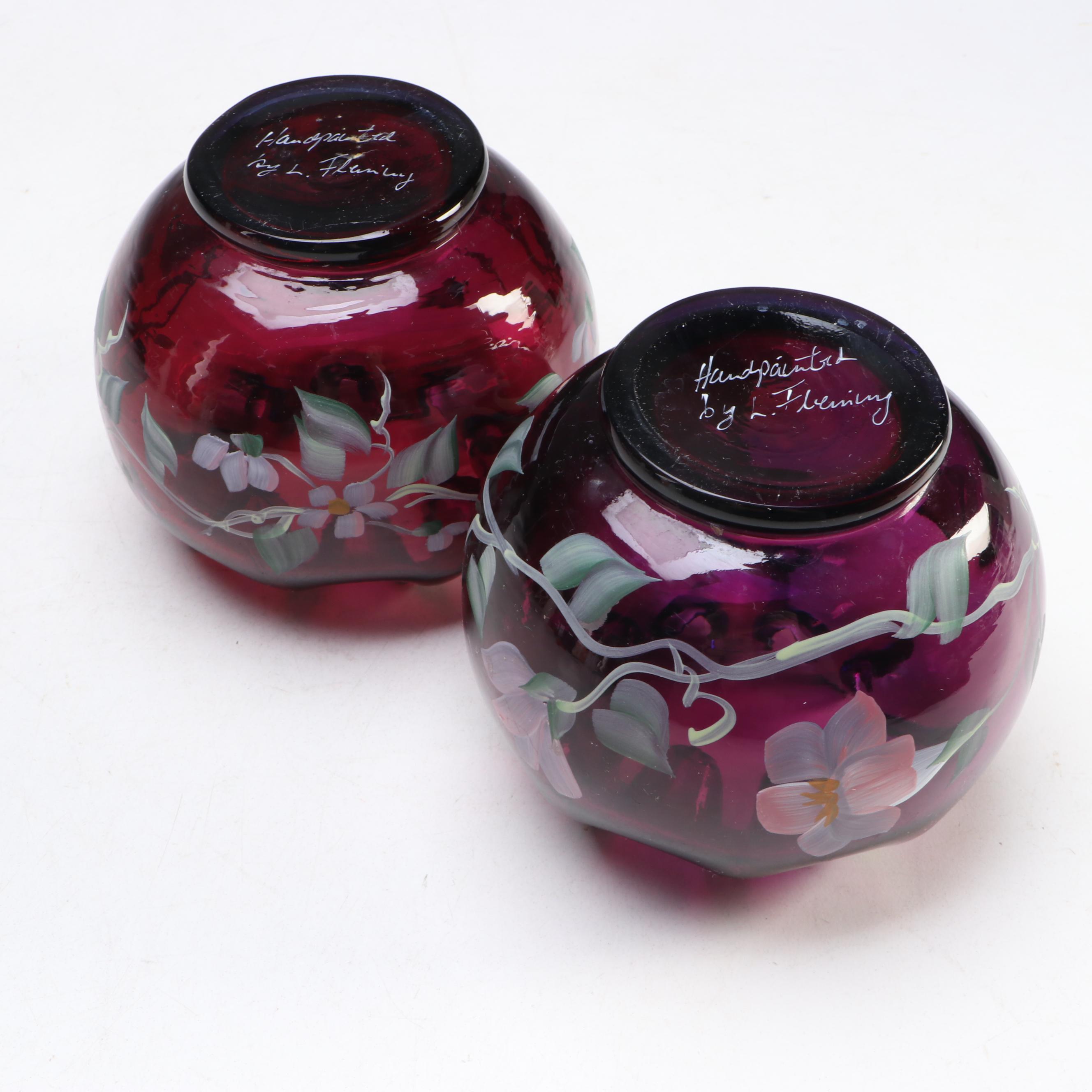 Fenton Opalescent Plum Rolled Console Bowl with More Hand-Painted Glass