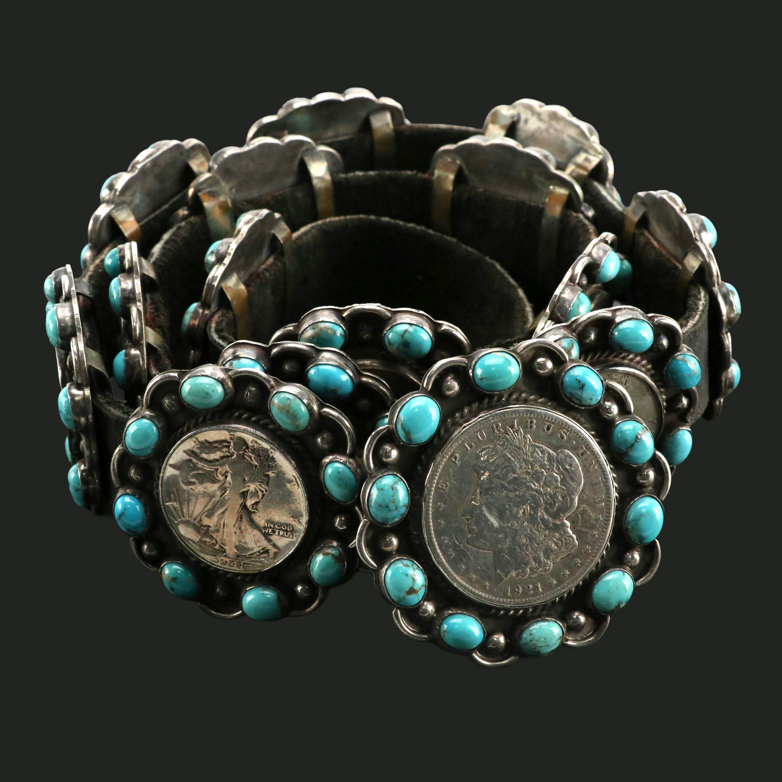 Jane Yikaazba Popovitch Navajo Diné Sterling Turquoise Coin Concho Belt
