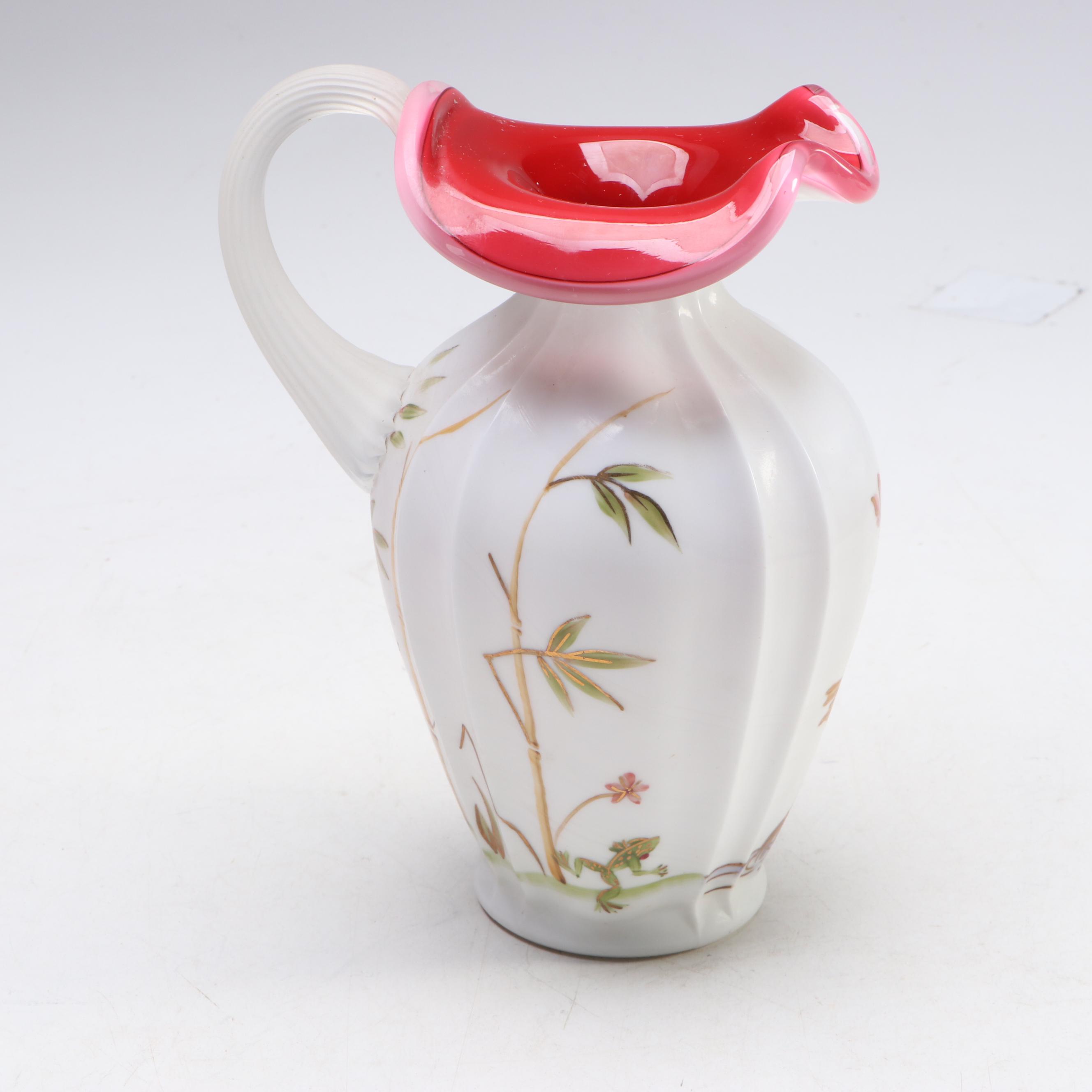 Fenton "Berries on Wild Rose" Vase with "Asian Garden" Pitcher and Ruffled Bowl