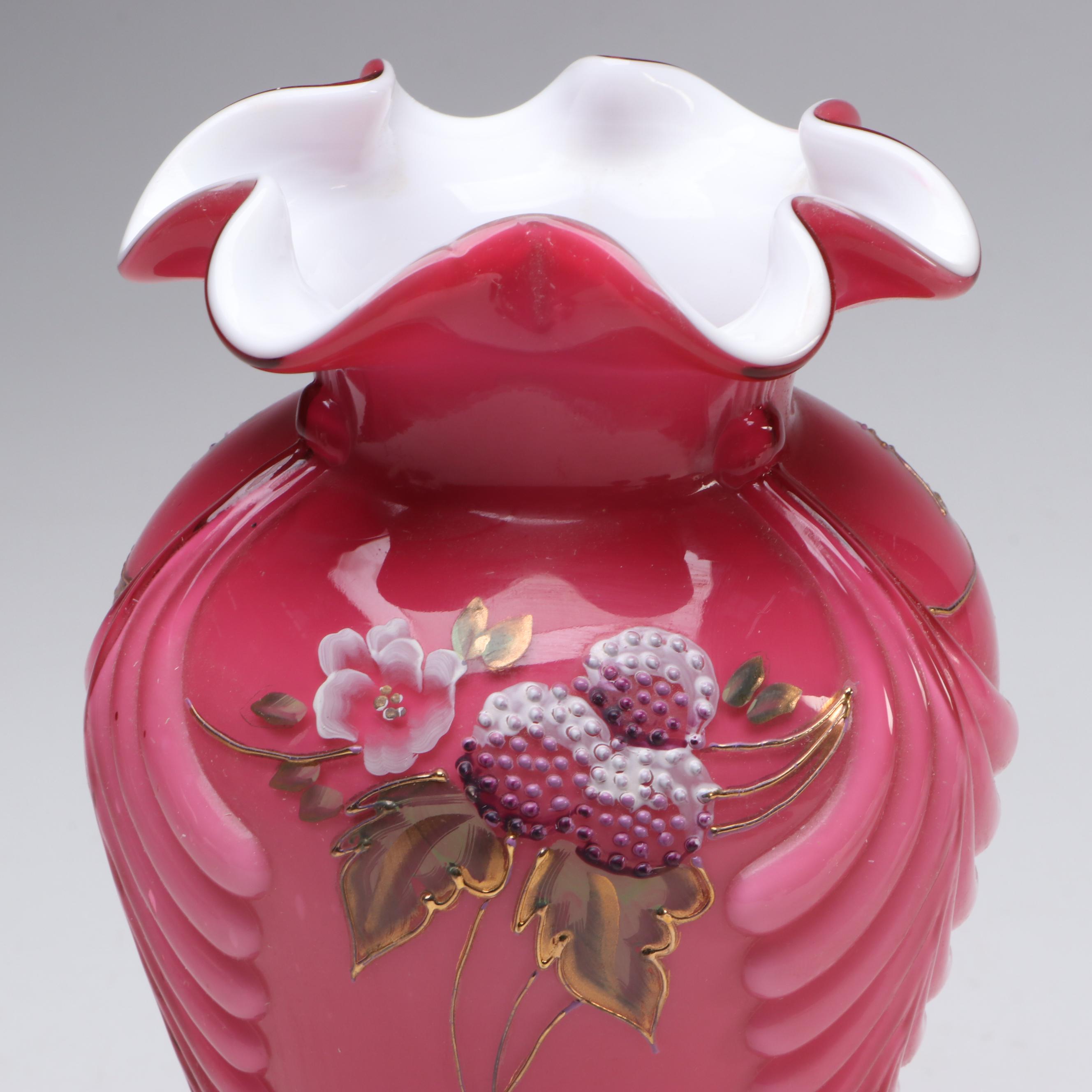 Fenton "Berries on Wild Rose" Vase with "Asian Garden" Pitcher and Ruffled Bowl