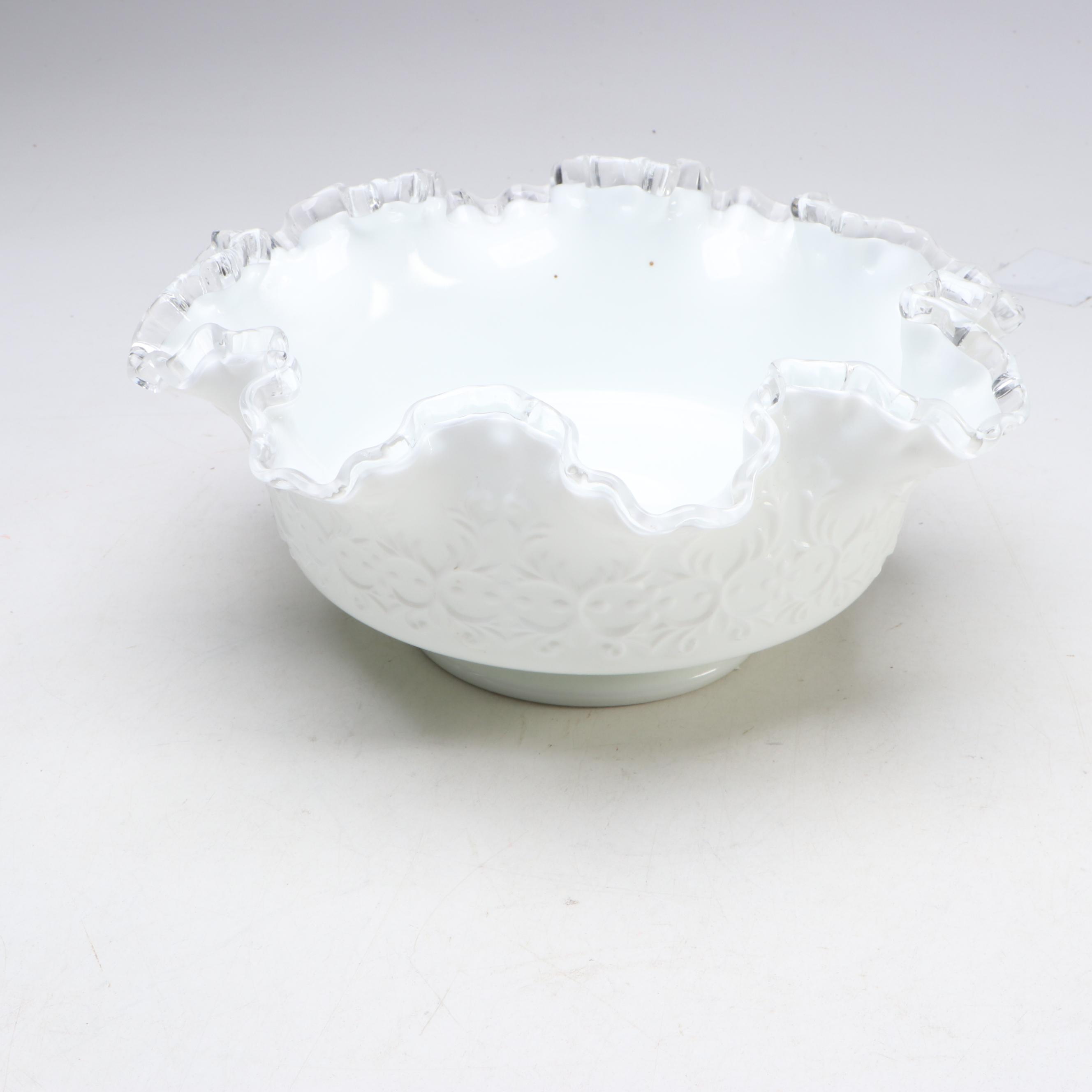 Fenton "Berries on Wild Rose" Vase with "Asian Garden" Pitcher and Ruffled Bowl